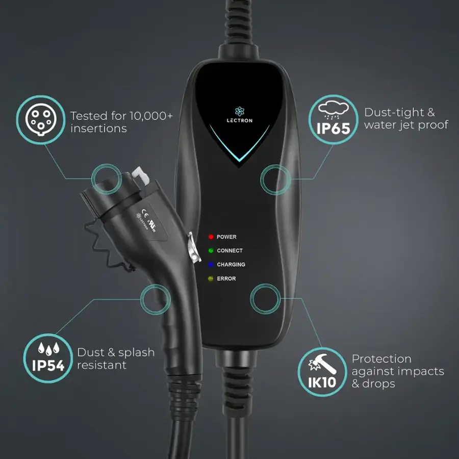 The text on the image is grouped and corrected as follows:

1. Tested for 10,000+ insertions
2. Dust-tight & IP65 water jet proof
3. CE 0 "TH POWER CONNECT CHARGING ERROR
4. Dust & splash IP54 resistant
5. Protection against impacts IK10 & drops