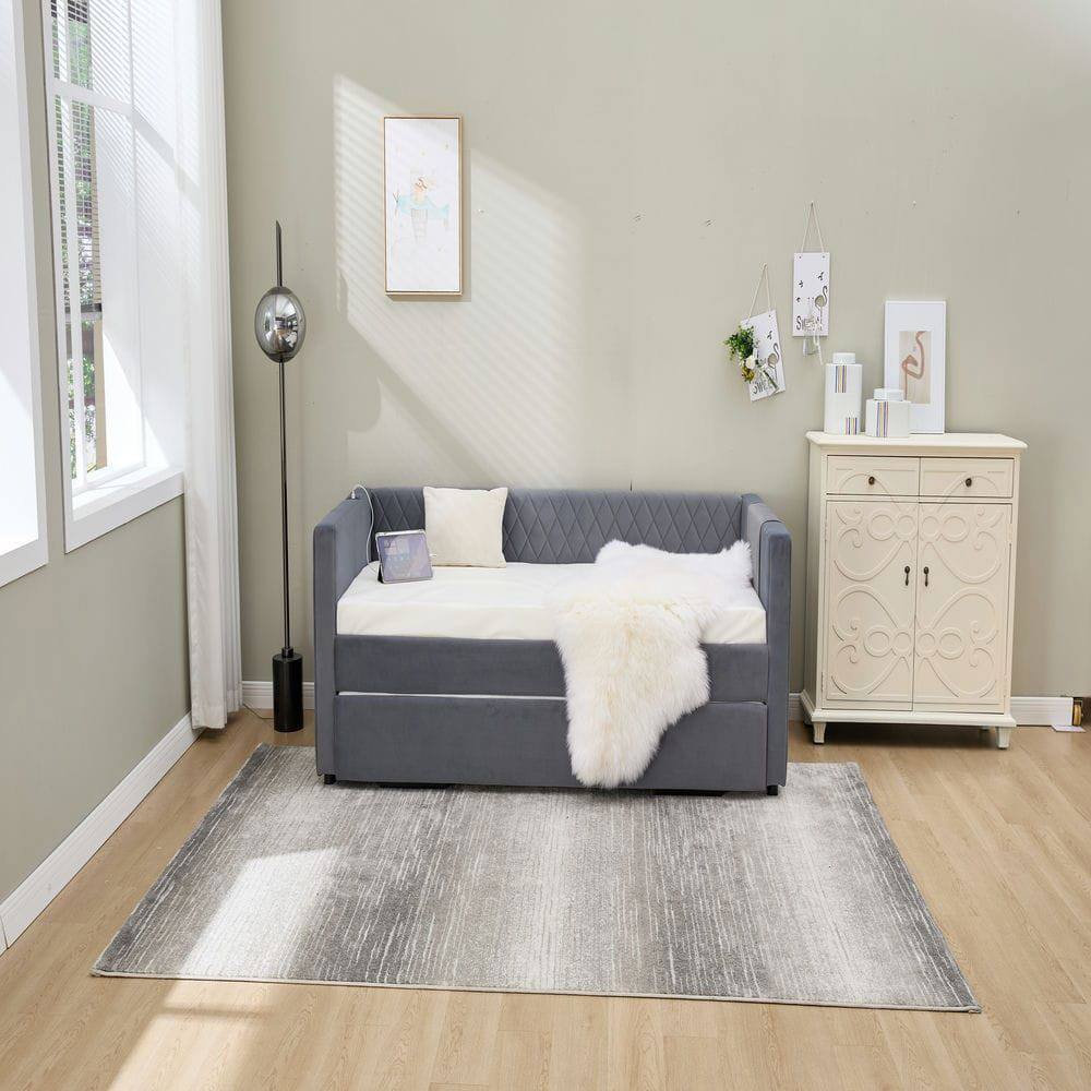 Alt View 8. Kadyn - Velvet Daybed with Sturdy Wood Frame, Modern Diamond Grid Pull-Out Design for Bedroom Living Room - Gray.