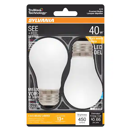 TruWave Technology
SYLVANIA
SEE + FEEL BETTER
ENHANCE COLOR EXPERIENCE
A15 Frosted Bulbs
Lampes dépolies
40 W
SOFT WHITE
OPALE
LED DEL
MIEUX VOIR
SE SENTIR
MIEUX
EXPERIENCE COULEUR AMÉLIORÉE
2 A15 BULBS / LAMPES
Replaces Hemplace 40w
Uses-Les Usages
Indoor / Outdoor | Intérieur/extérieur
LASTS / DURE
13+ YEARS / ANS
Brightness
450 lumens
Estimated Energy Cost
$0.66 per year
A15
Frosted Bulbs
Lampes dépolies
Brightness
450 lumens
Estimated Energy Cost
$0.66 per year