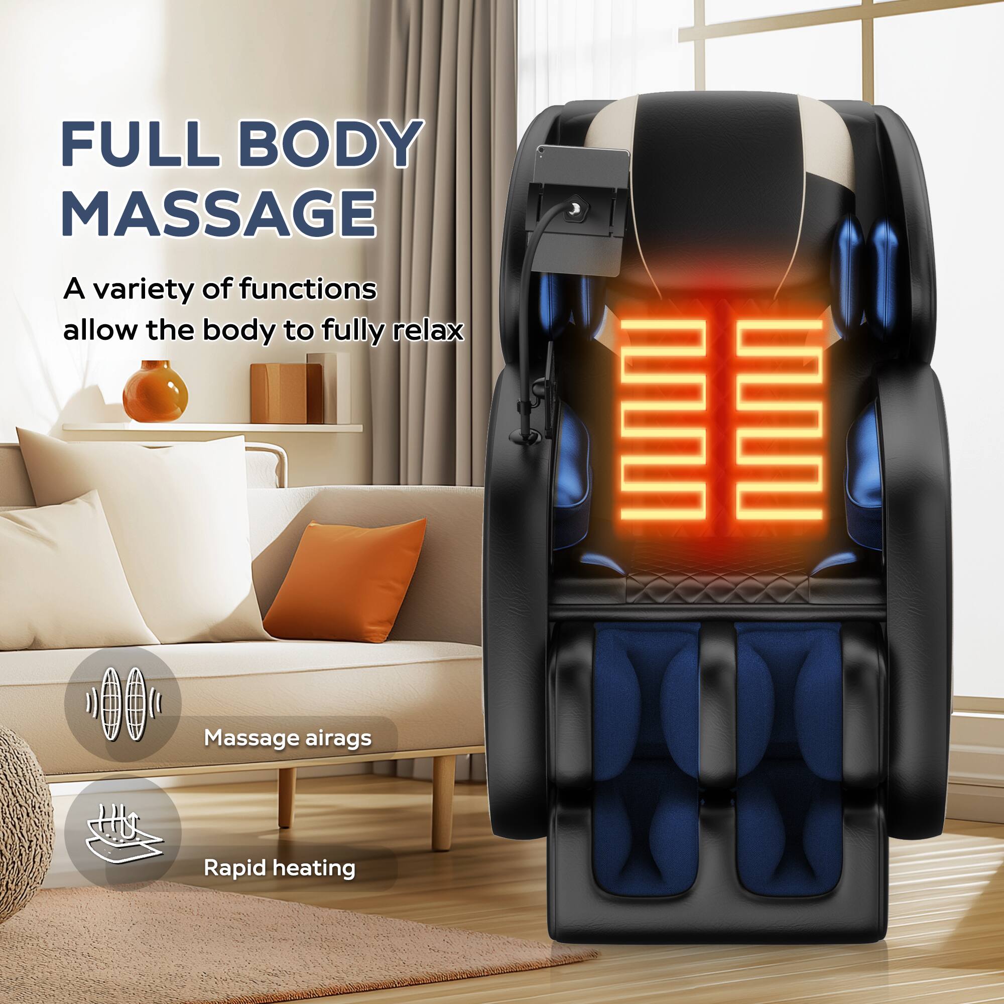 FULL BODY MASSAGE

A variety of functions allow the body to fully relax

Massage airbags

Rapid heating