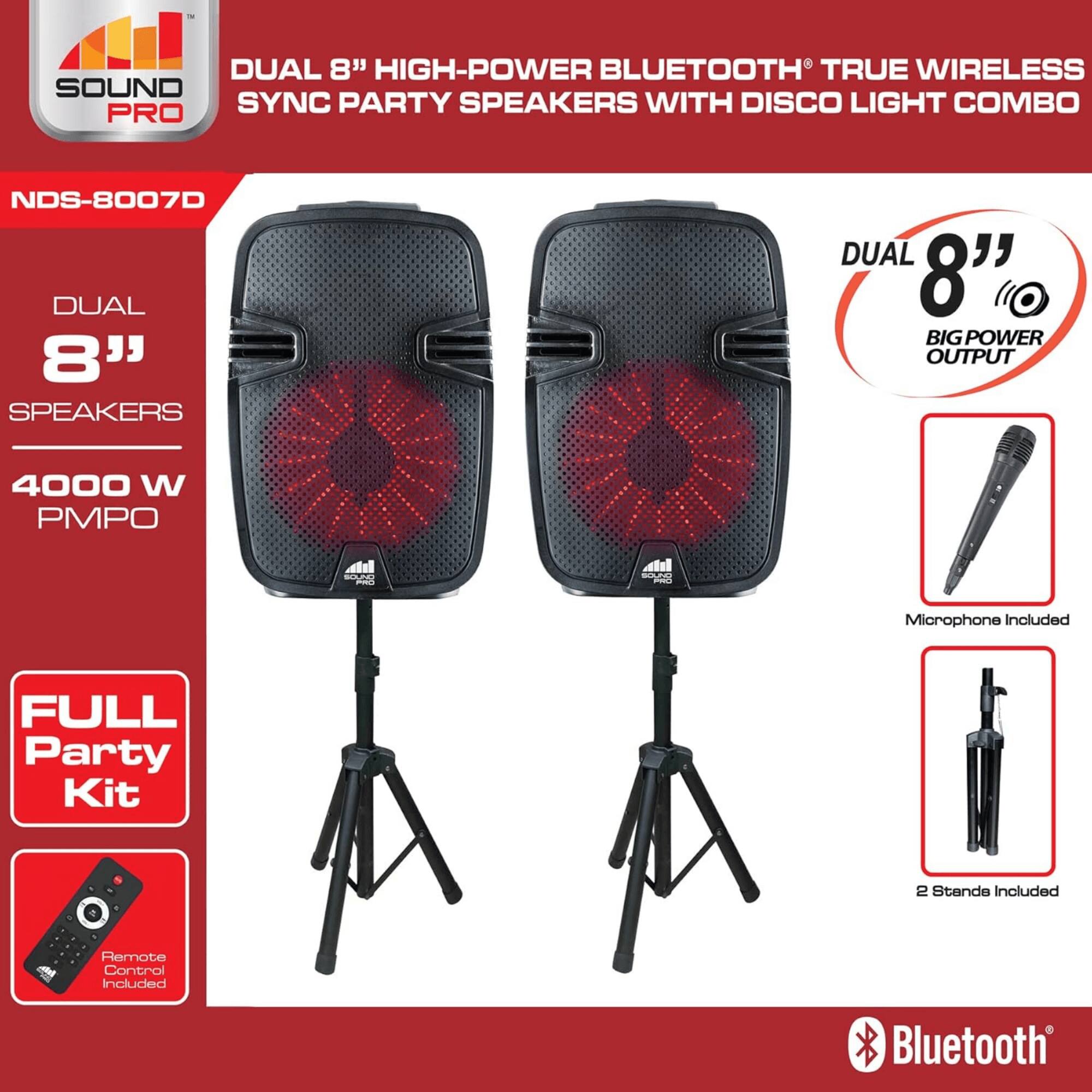 DUAL 8" HIGH-POWER BLUETOOTH TRUE WIRELESS SYNC PARTY SPEAKERS WITH DISCO LIGHT COMBO NDS-8007D

- DUAL 8" SPEAKERS
- 4000 W PMPO
- BIG POWER OUTPUT
- Microphone Included
- FULL Party Kit
- 2 Stands Included
- Remote Control Included