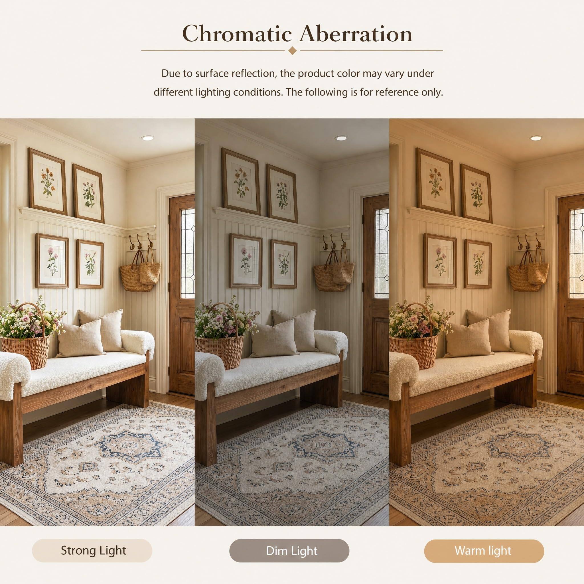 Chromatic Aberration

Due to surface reflection, the product color may vary under different lighting conditions. The following is for reference only.

- Strong Light
- Dim Light
- Warm Light