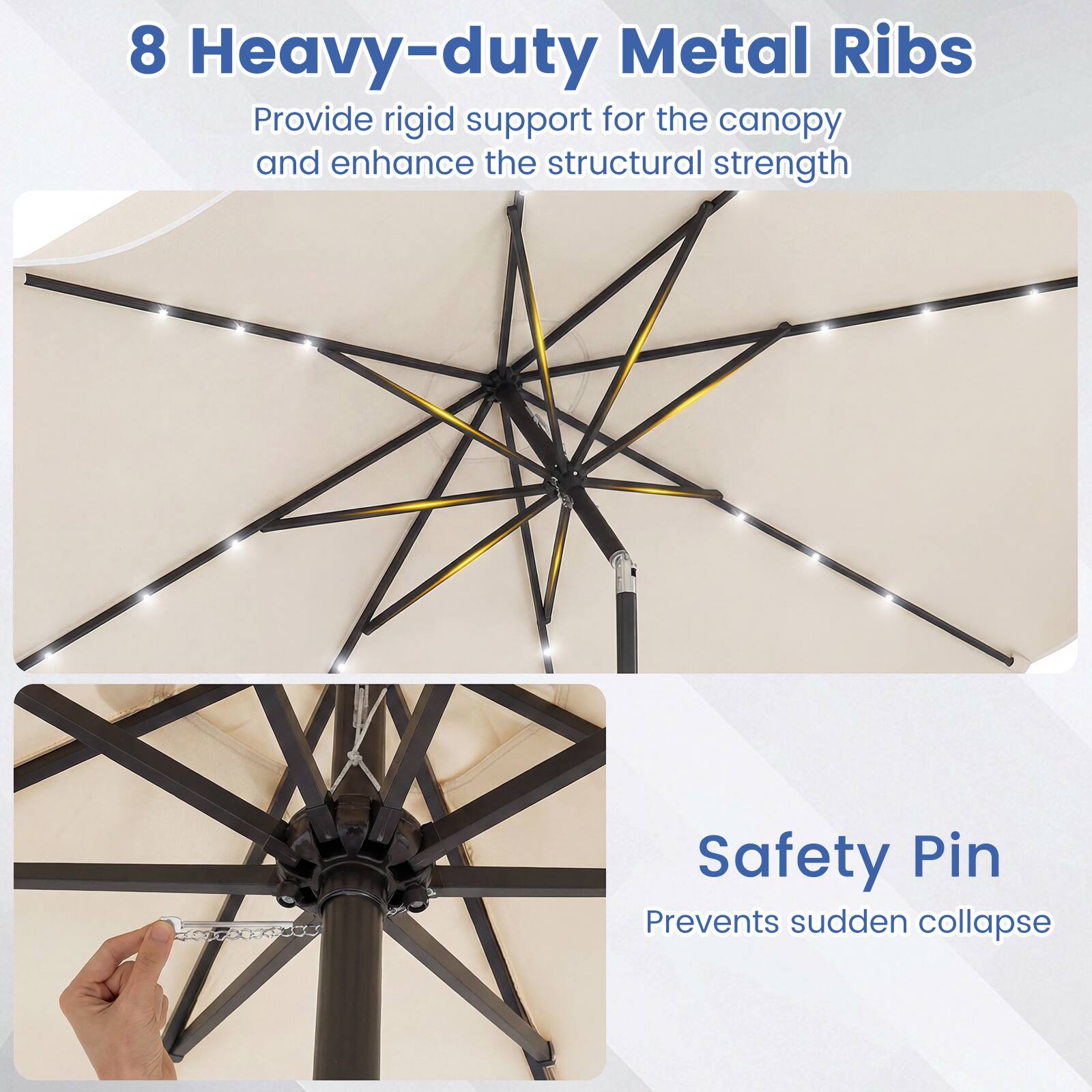 8 Heavy-duty Metal Ribs  
Provide rigid support for the canopy and enhance the structural strength  

Safety Pin  
Prevents sudden collapse