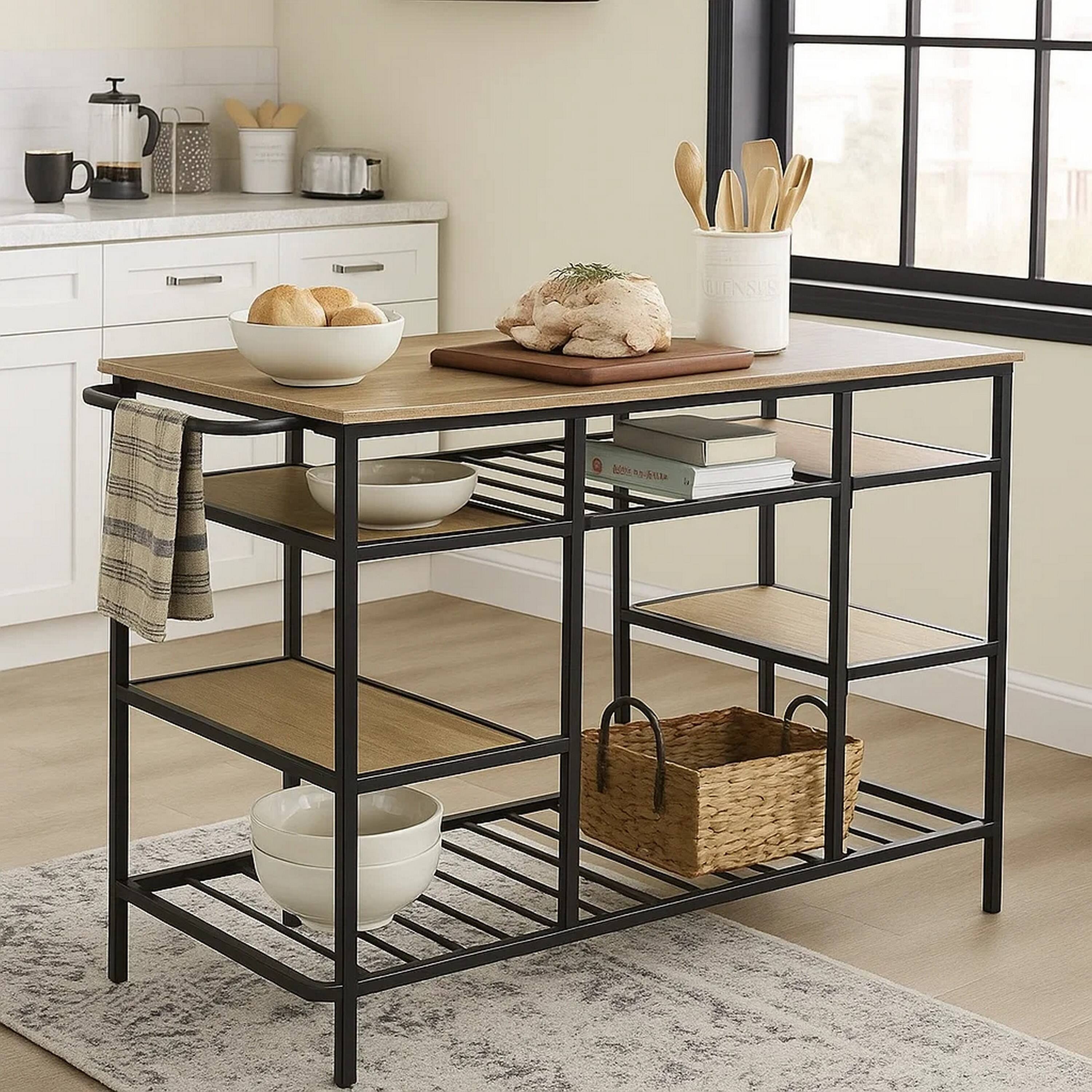 Alt View 2. Manhattan Lane - Kitchen Island with Slatted and Bottom Shelves - Brown.