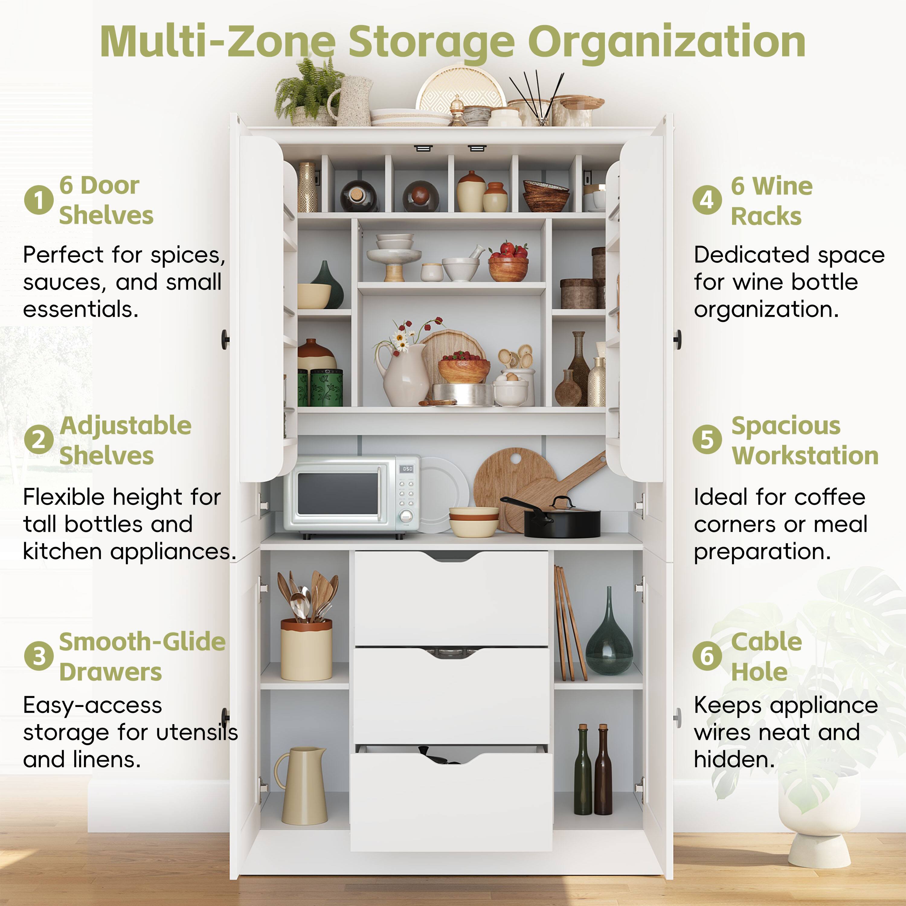 Multi-Zone Storage Organization

1. 6 Door Shelves
   - Perfect for spices, sauces, and small essentials.

2. Adjustable Shelves
   - Flexible height for tall bottles and kitchen appliances.

3. Smooth-Glide Drawers
   - Easy-access storage for utensils and linens.

4. 6 Wine Racks
   - Dedicated space for wine bottle organization.

5. Spacious Workstation
   - Ideal for coffee corners or meal preparation.

6. Cable Hole
   - Keeps appliance wires neat and hidden.