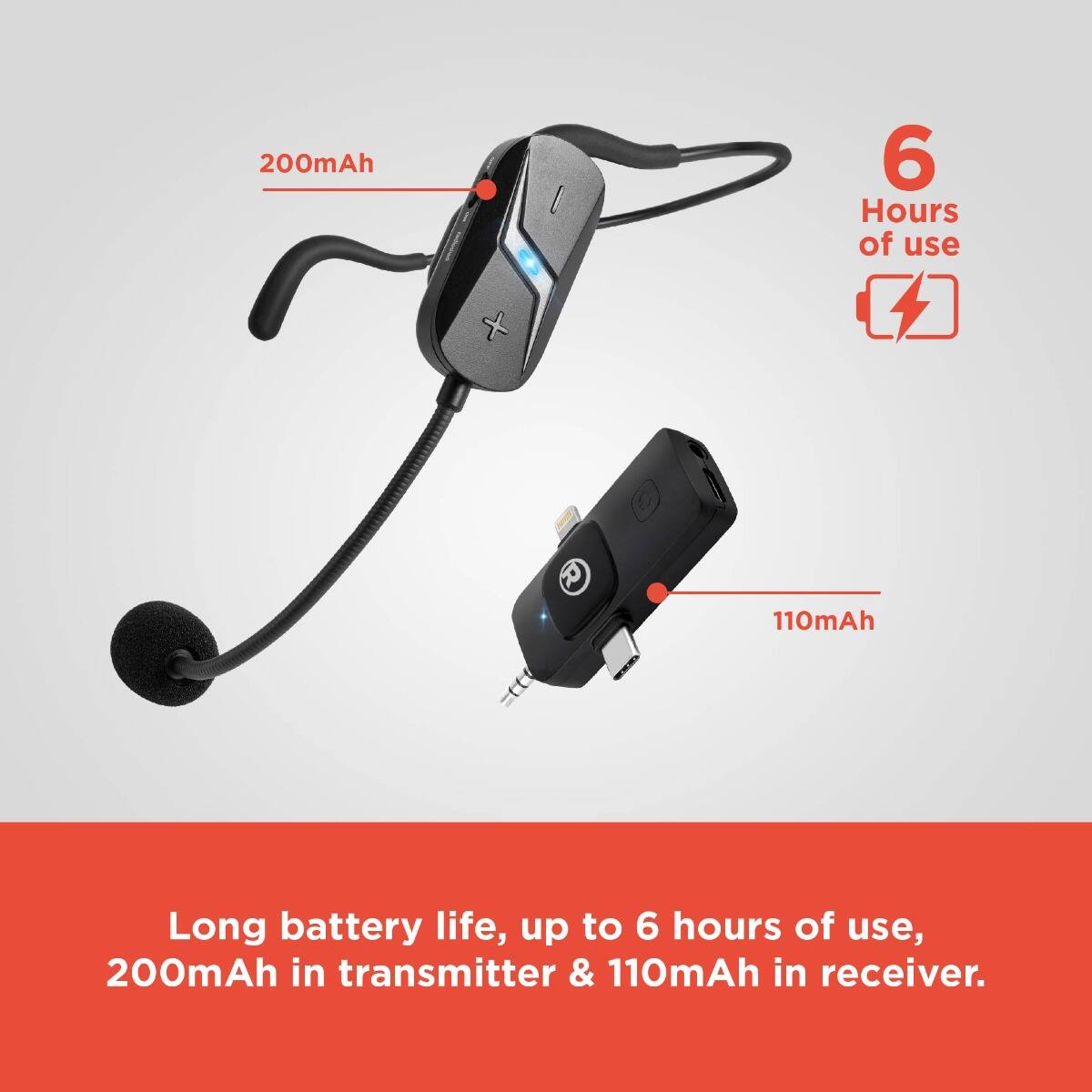 Long battery life, up to 6 hours of use, 200mAh in transmitter & 110mAh in receiver.
