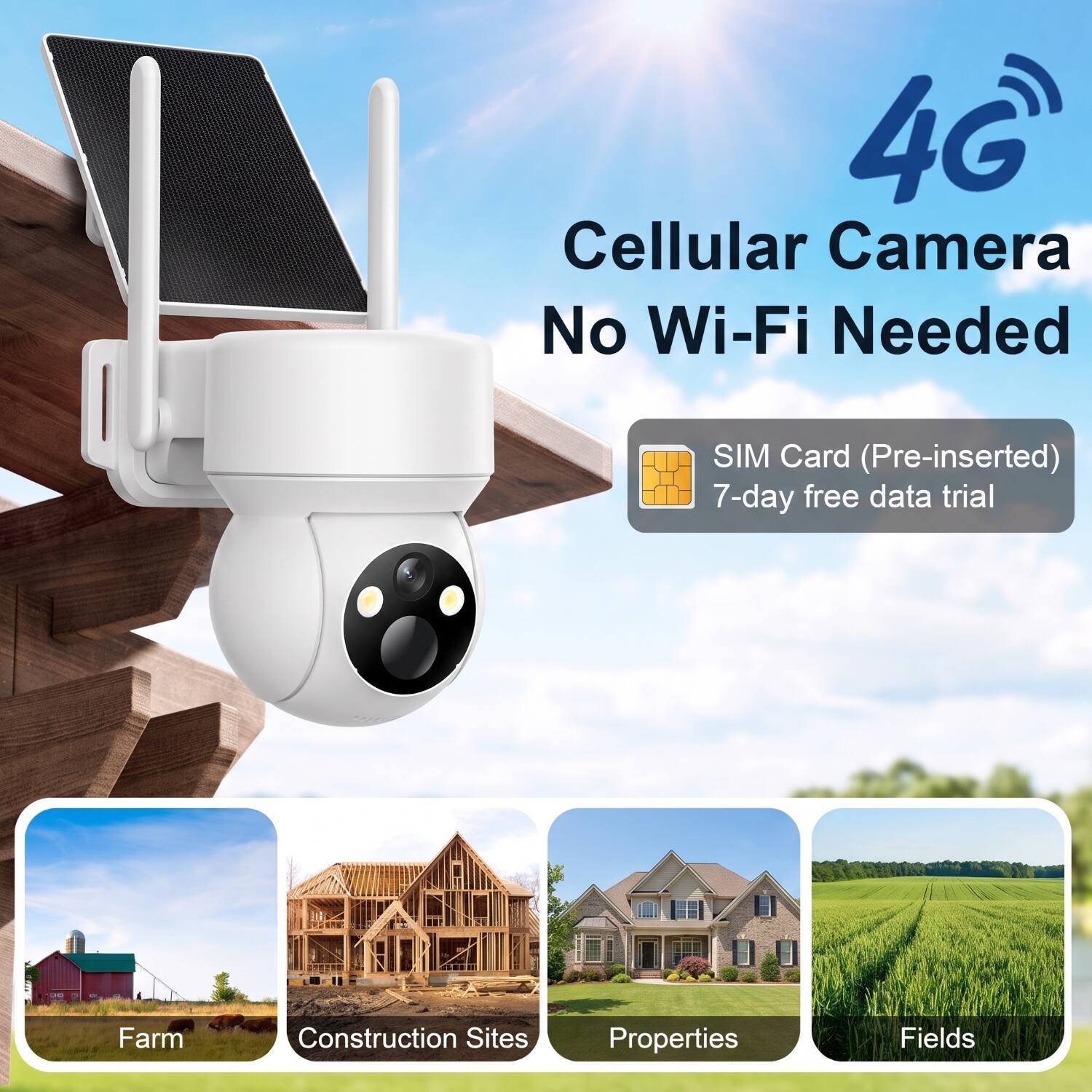 4G Cellular Camera No Wi-Fi Needed

SIM Card (Pre-inserted) 7-day free data trial

Farm  
Construction Sites  
Properties  
Fields