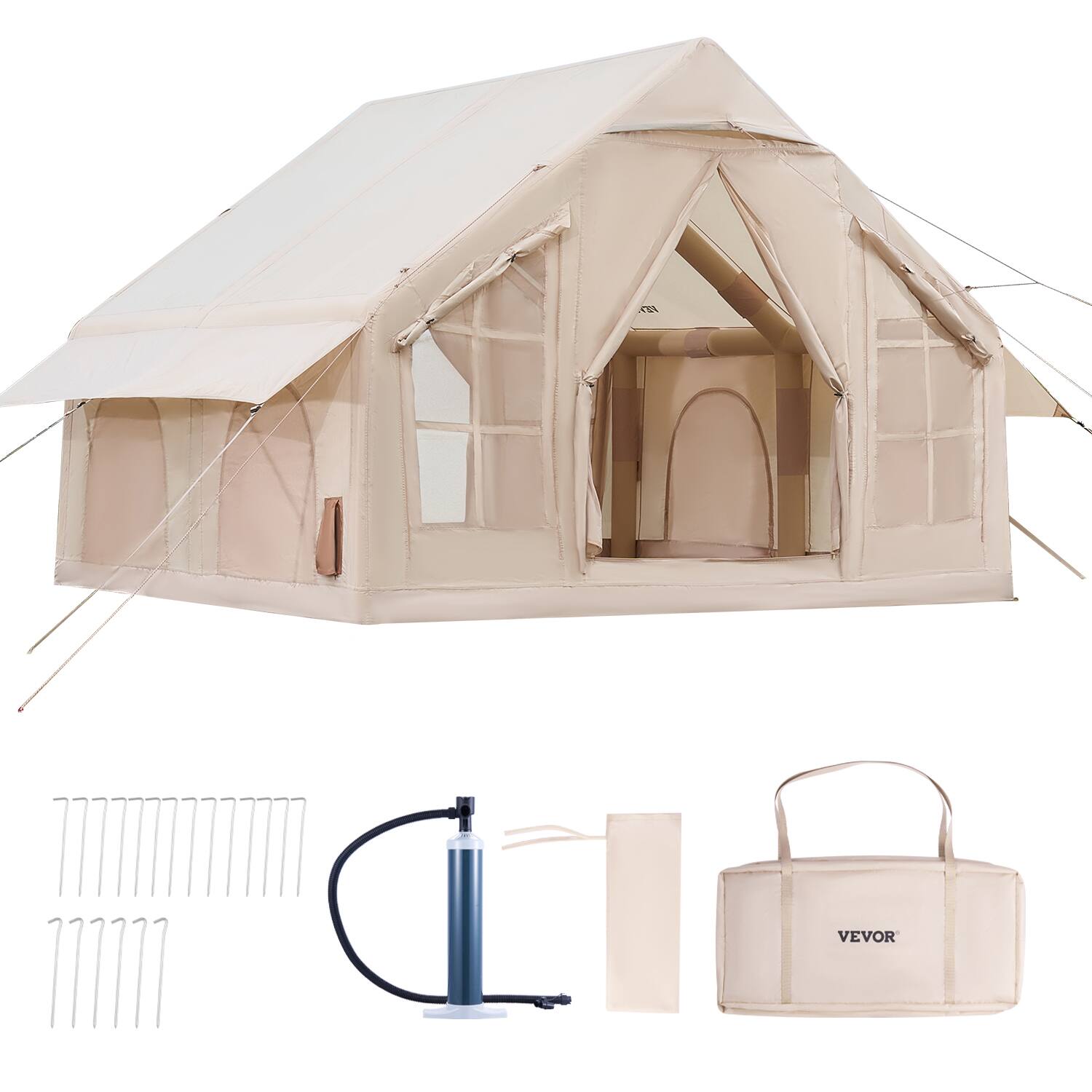 Alt View 5. VEVOR - Inflatable Tents, 4-6 Person Easy Setup Blow up Tent with Hand Pump, 300D Oxford 4 Season Glamping Tent with Stove Jack - Beige.