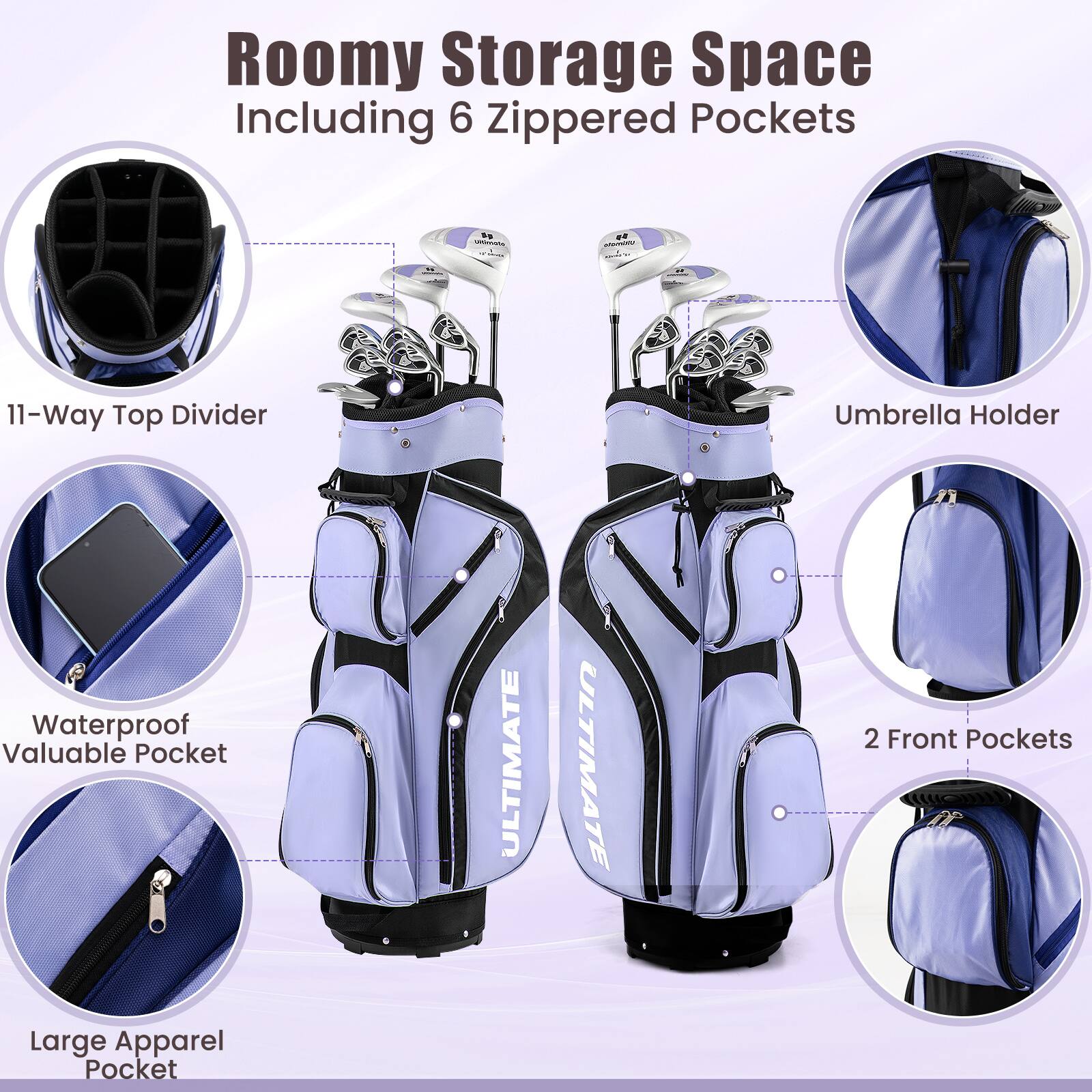 Roomy Storage Space Including 6 Zippered Pockets

- 11-Way Top Divider
- Umbrella Holder
- Waterproof Valuable Pocket
- 2 Front Pockets
- Large Apparel Pocket