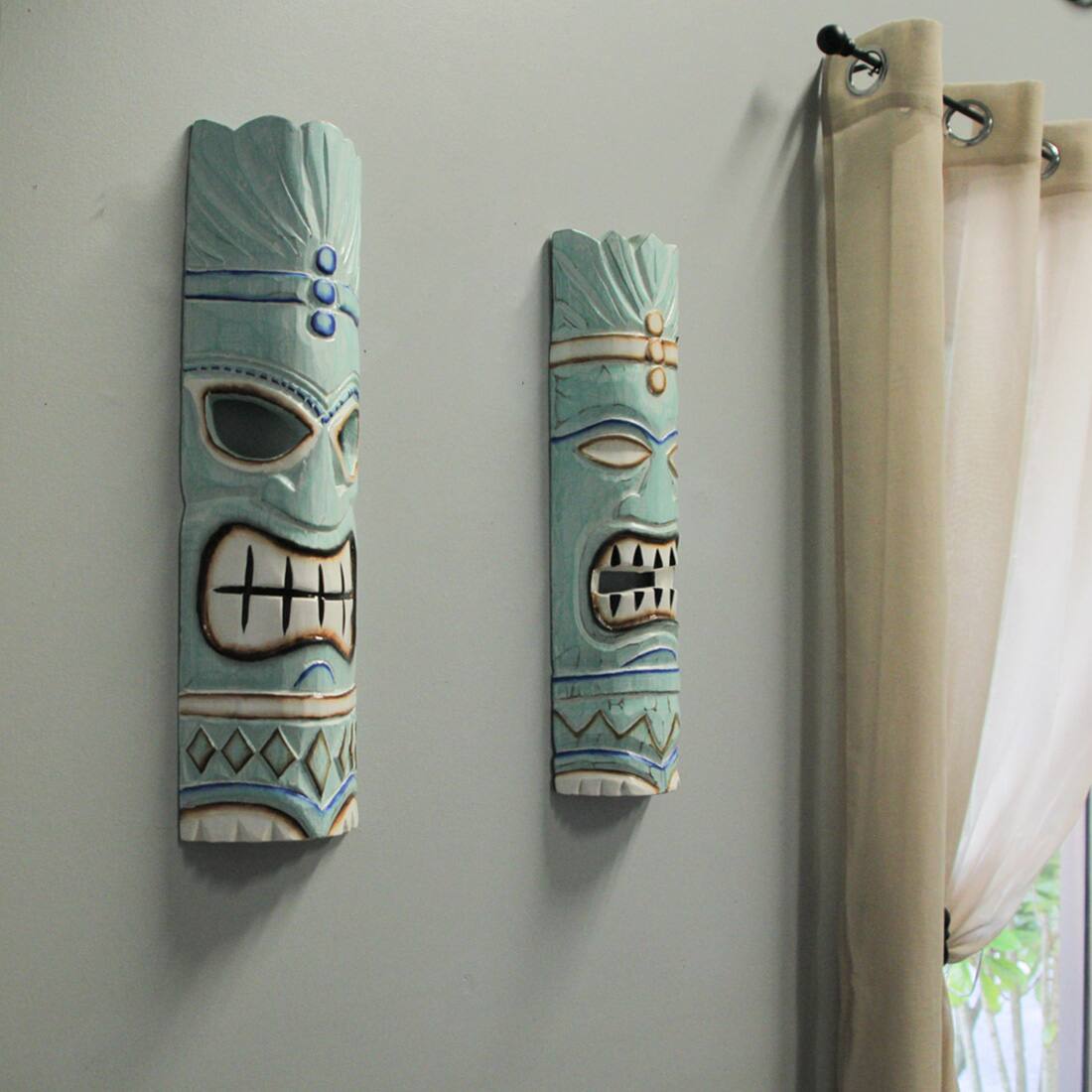 Alt View 7. Things2Die4 - Handcrafted Aqua Blue Traditional Polynesian Style Wooden Tiki Mask Wall Hangings – 20 Inches High - Set of 2 - Blue.