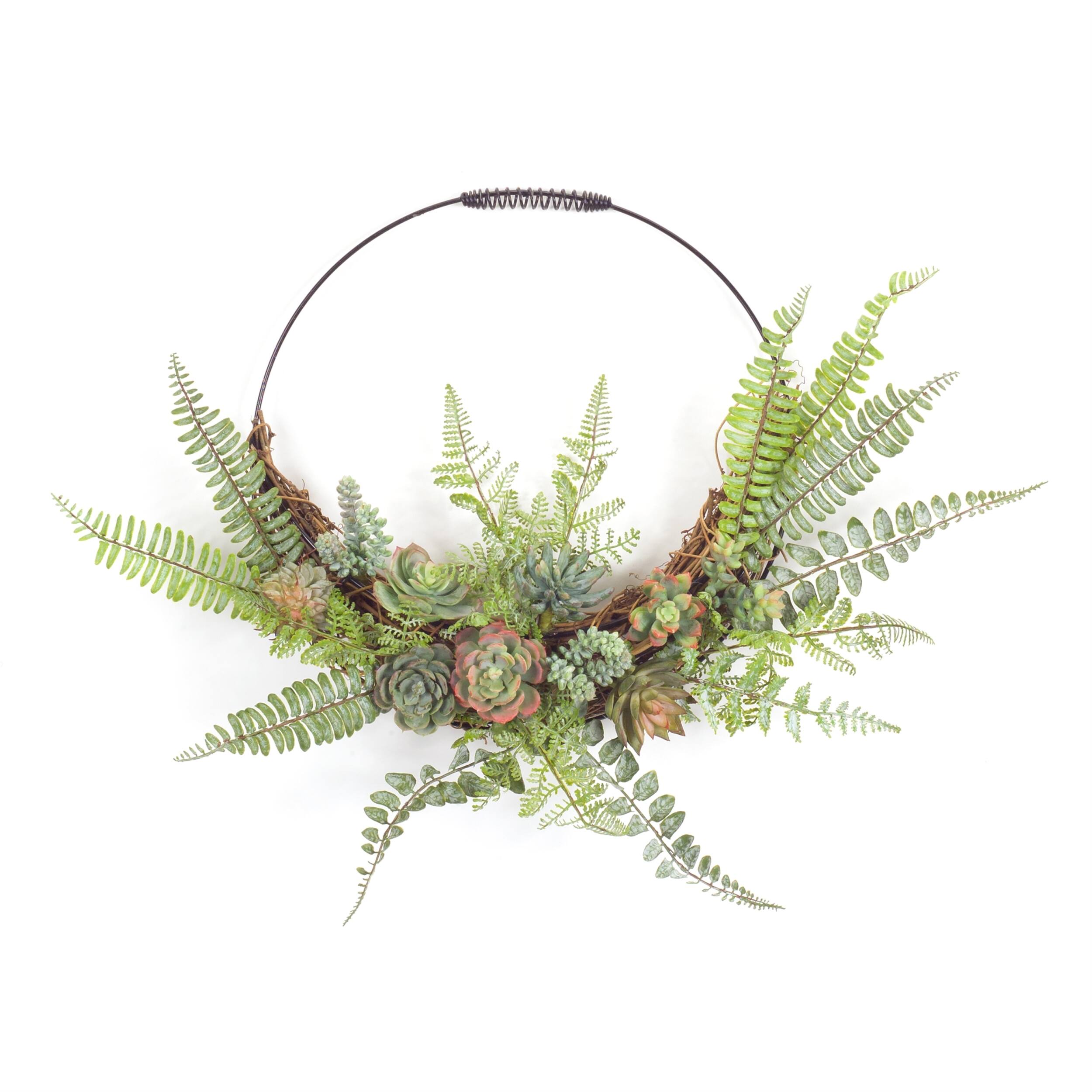 Angle. BreeBe - Fern and Succulent Moss Half Werath 20"D - Green, Red.