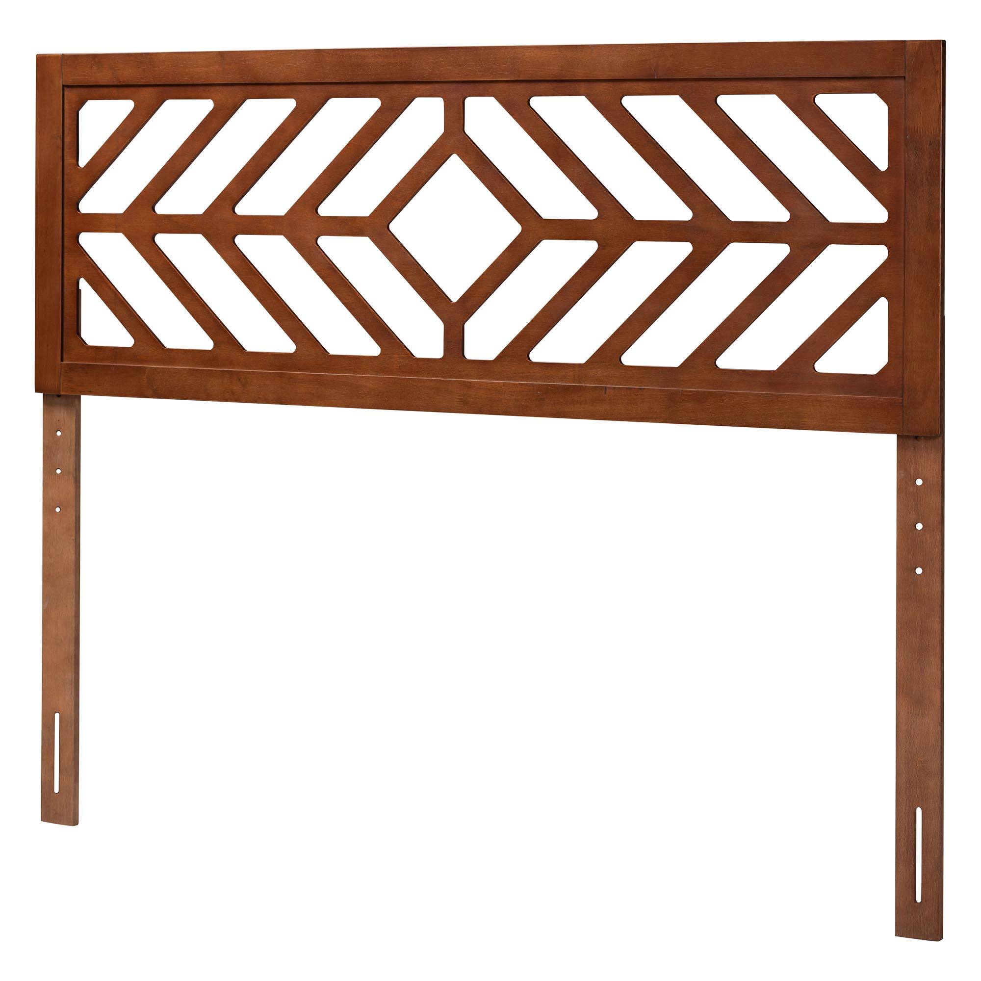 Front. Baxton Studio - Olsen Wood Headboard with Geometric Cutout Design - Decorative Panel for Bed Frame, Adjustable Height, Queen - Walnut Brown.