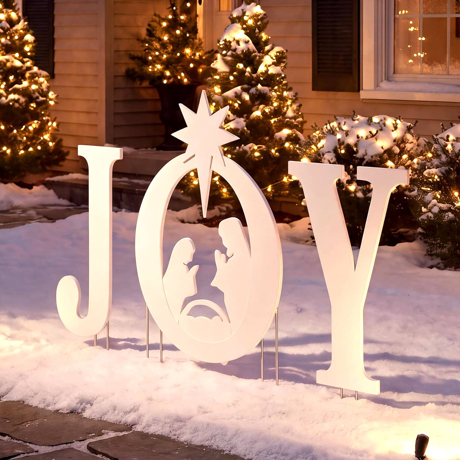 Costway - 3 PCS JOY Nativity Christmas Yard Sign Set, Holy Family Silhouette - White