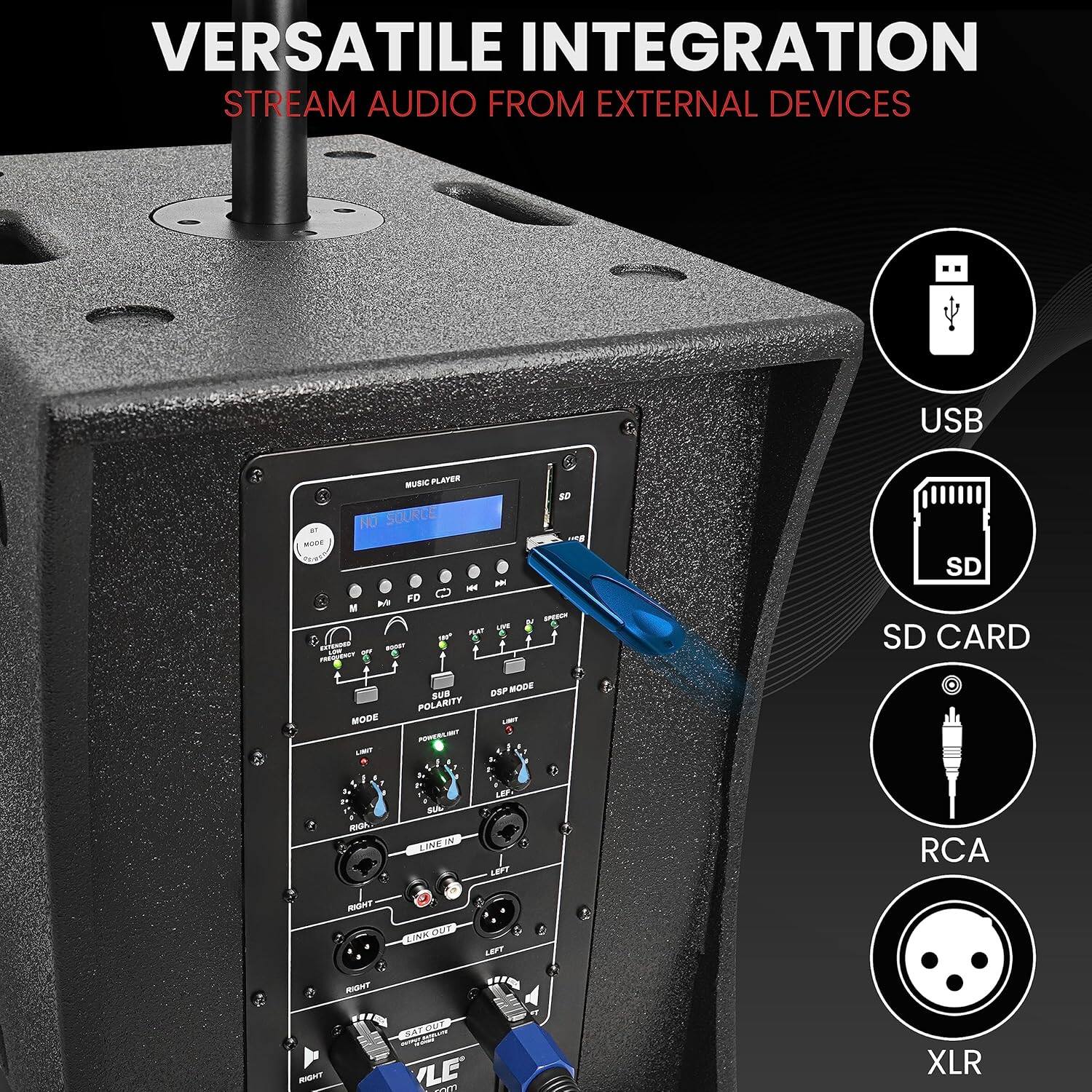 VERSATILE INTEGRATION  
STREAM AUDIO FROM EXTERNAL DEVICES  

USB  
SD CARD  
RCA  
XLR