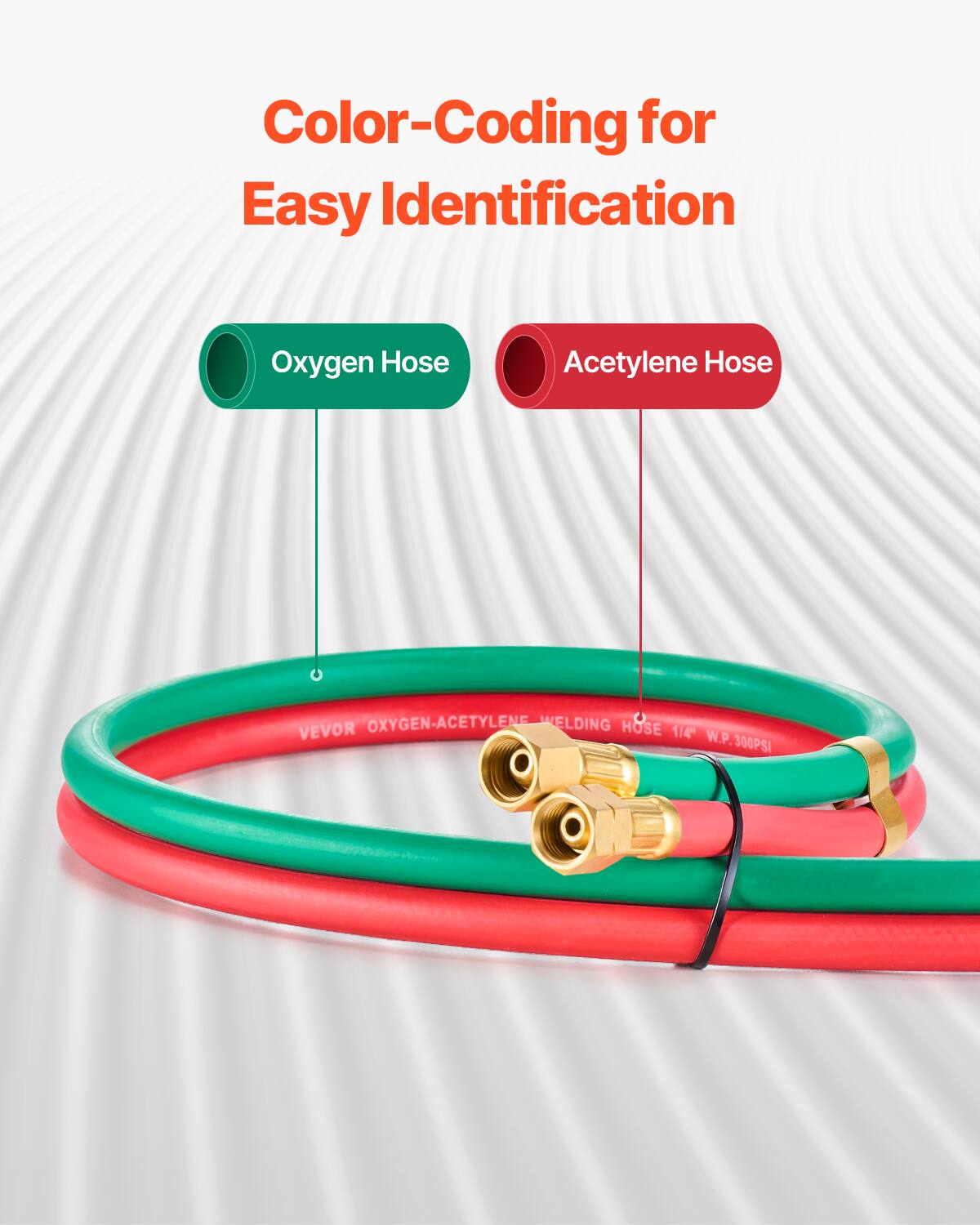 Color-Coding for Easy Identification

Oxygen Hose
Acetylene Hose

VEVOR OXYGEN-ACETYLENE WELDING HOSE 1/4" W.P. 300PSI