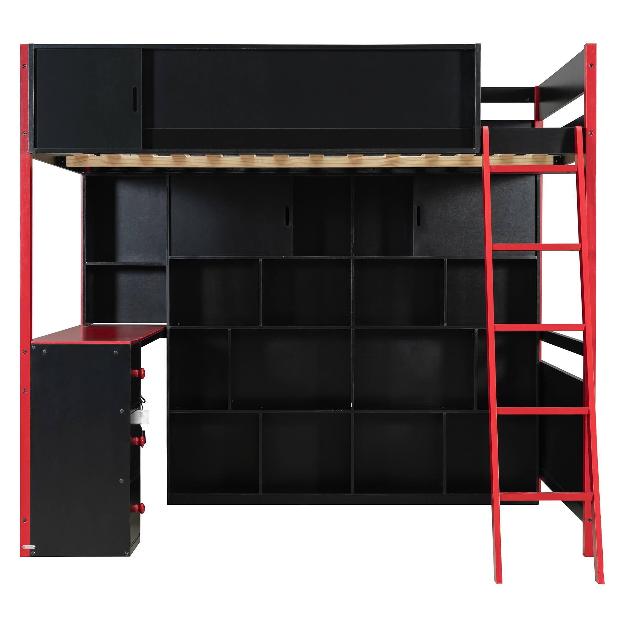 Back. Anysun - Full Size Wood Loft Bed with Desk, Ample Storage Space and Light - Red.