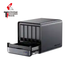 Front. Minisforum - N5 Pro AI NAS, 16GB + 128G OS Storage, AMD Ryzen AI 9 HX PRO 370, AMD Radeon 890M, 50 TOPS Copilot+ NPU, 10GbE+5GbE - Black.