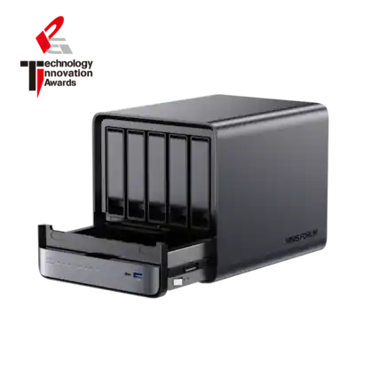Front. Minisforum - N5 Pro AI NAS, 16GB + 128G OS Storage, AMD Ryzen AI 9 HX PRO 370, AMD Radeon 890M, 50 TOPS Copilot+ NPU, 10GbE+5GbE - Black.