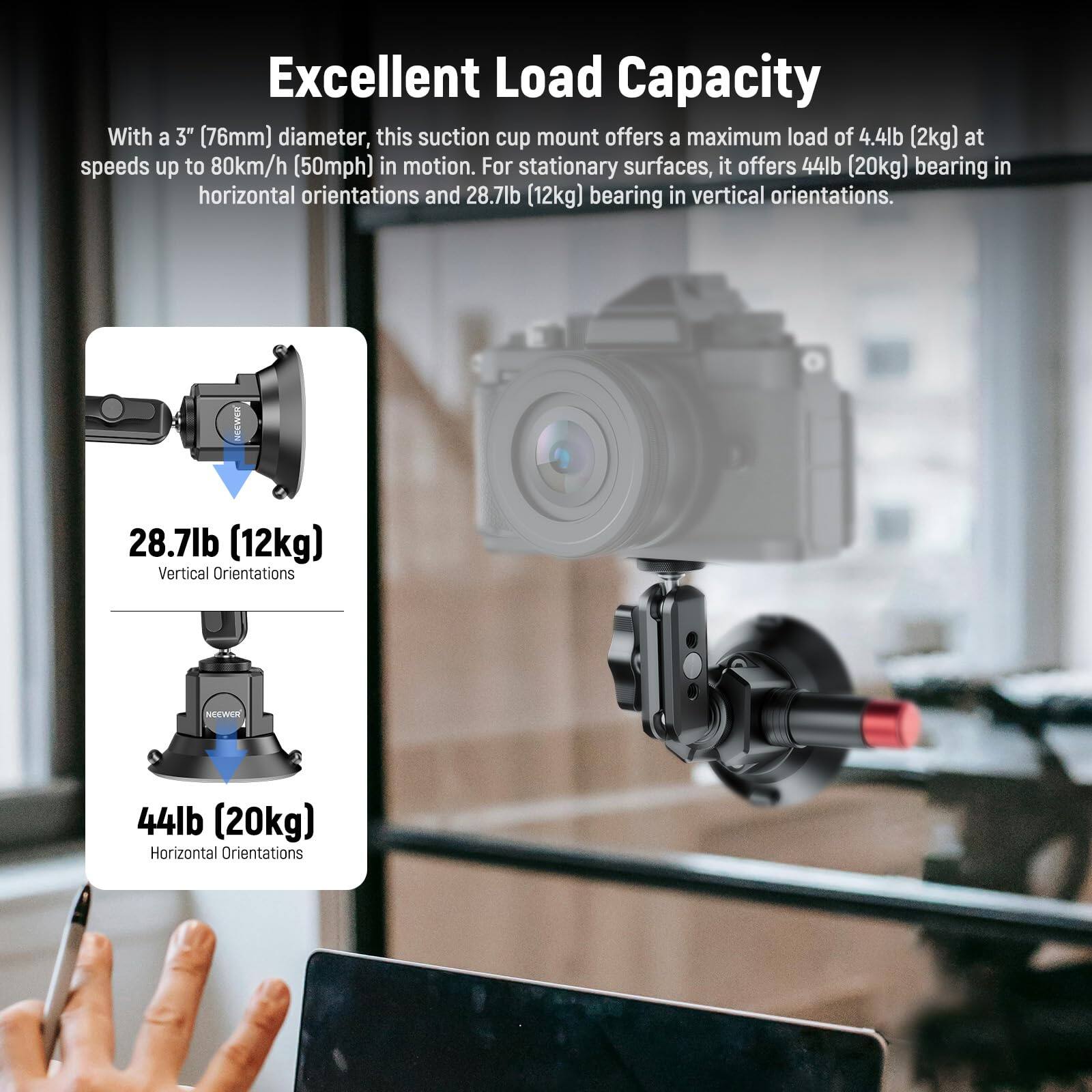Excellent Load Capacity

With a 3" (76mm) diameter, this suction cup mount offers a maximum load of 4.4lb (2kg) at speeds up to 80km/h (50mph) in motion. For stationary surfaces, it offers 44lb (20kg) bearing in horizontal orientations and 28.7lb (12kg) bearing in vertical orientations.

NEEWER 28.7lb (12kg) Vertical Orientations  
NEEWER 44lb (20kg) Horizontal Orientations