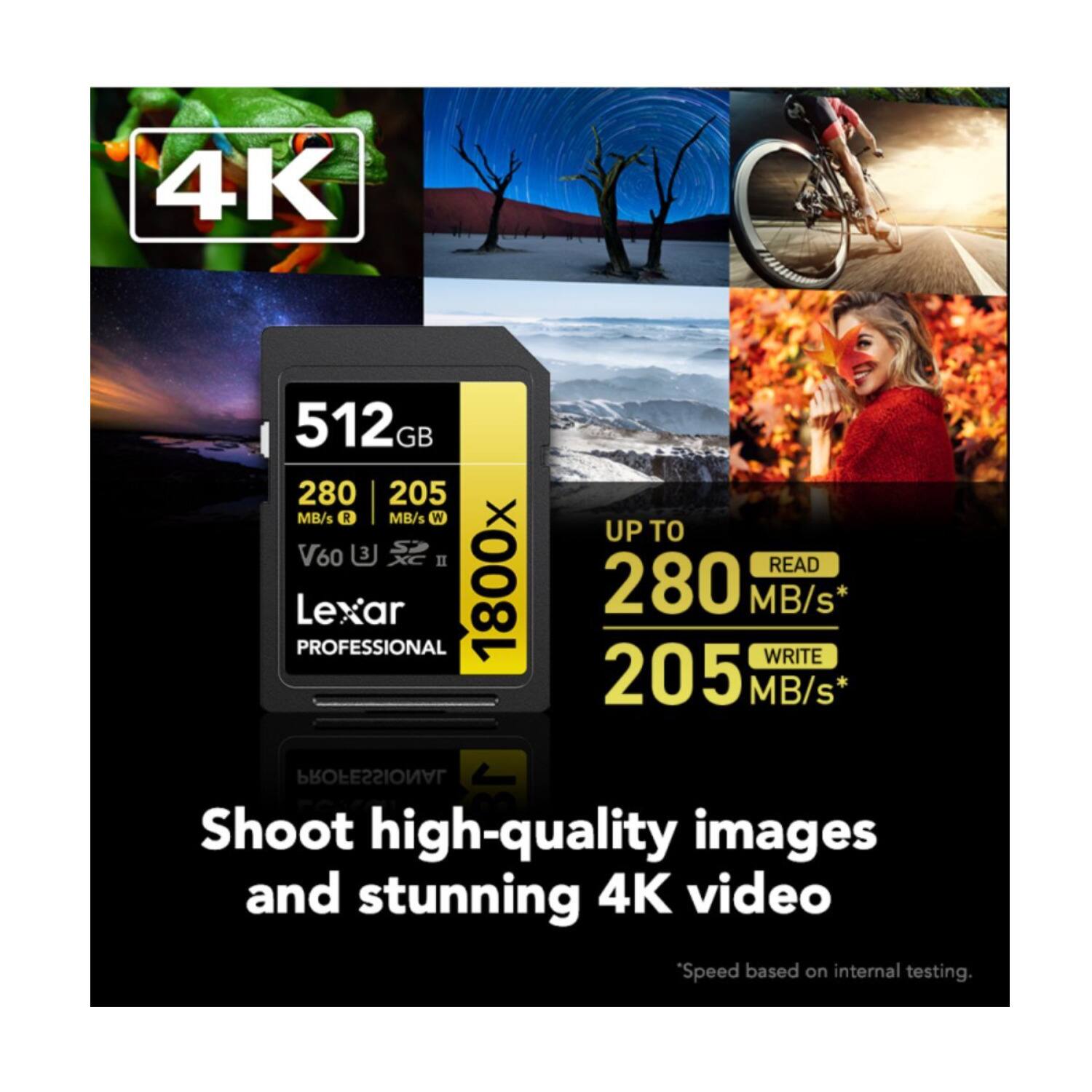 4K 512GB 280 MB/s READ 205 MB/s WRITE V60 3 XC II Lexar PROFESSIONAL 1800x UP TO 280 MB/s* WRITE 205 MB/s* Shoot high-quality images and stunning 4K video "Speed based on internal testing.