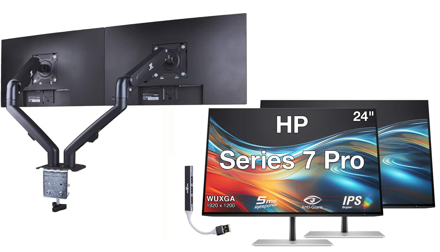 HP - Series 7 Pro 24" WUXGA IPS Monitor, Flicker Free, Displayport, HDMI, 2 Pack w/DKZ Hub & ErgoFlexy Dual Mount Arms - Black/Silver