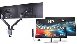 HP - Series 7 Pro 24" WUXGA IPS Monitor, Flicker Free, Displayport, HDMI, 2 Pack w/DKZ Hub & ErgoFlexy Dual Mount Arms - Black/Silver