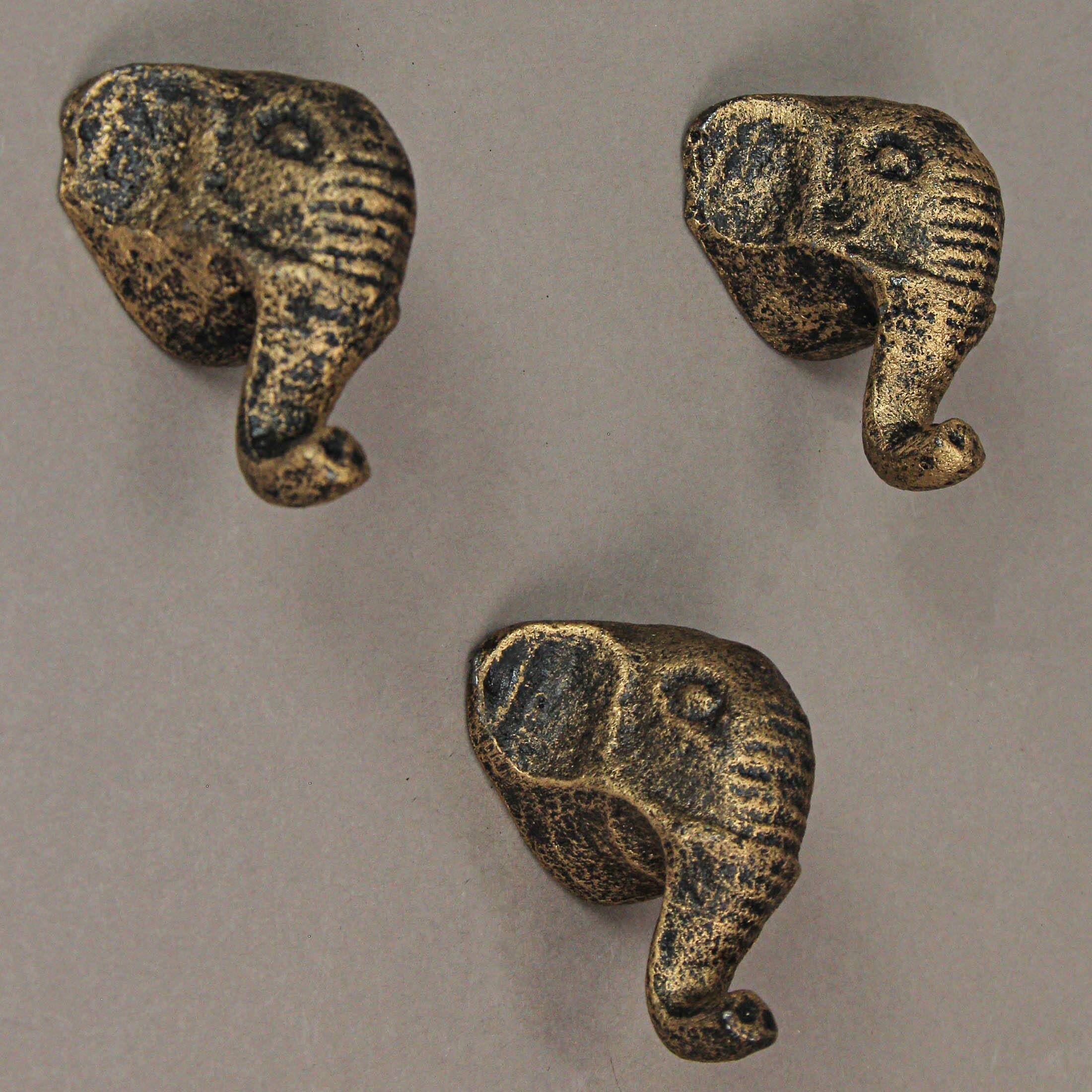 Alt View 1. Zeckos - Antique Gold Finish Cast Iron Elephant Head Cabinet Knob Drawer Pulls Set of 6 - Gold.