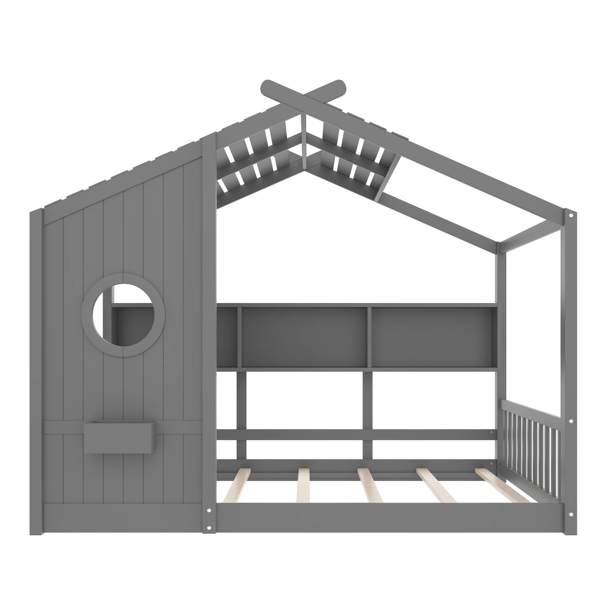 Back. GOODSILO - Montessori Floor House Bed for Toddlers with Storage Shelf and Playhouse Roof Design - Gray.