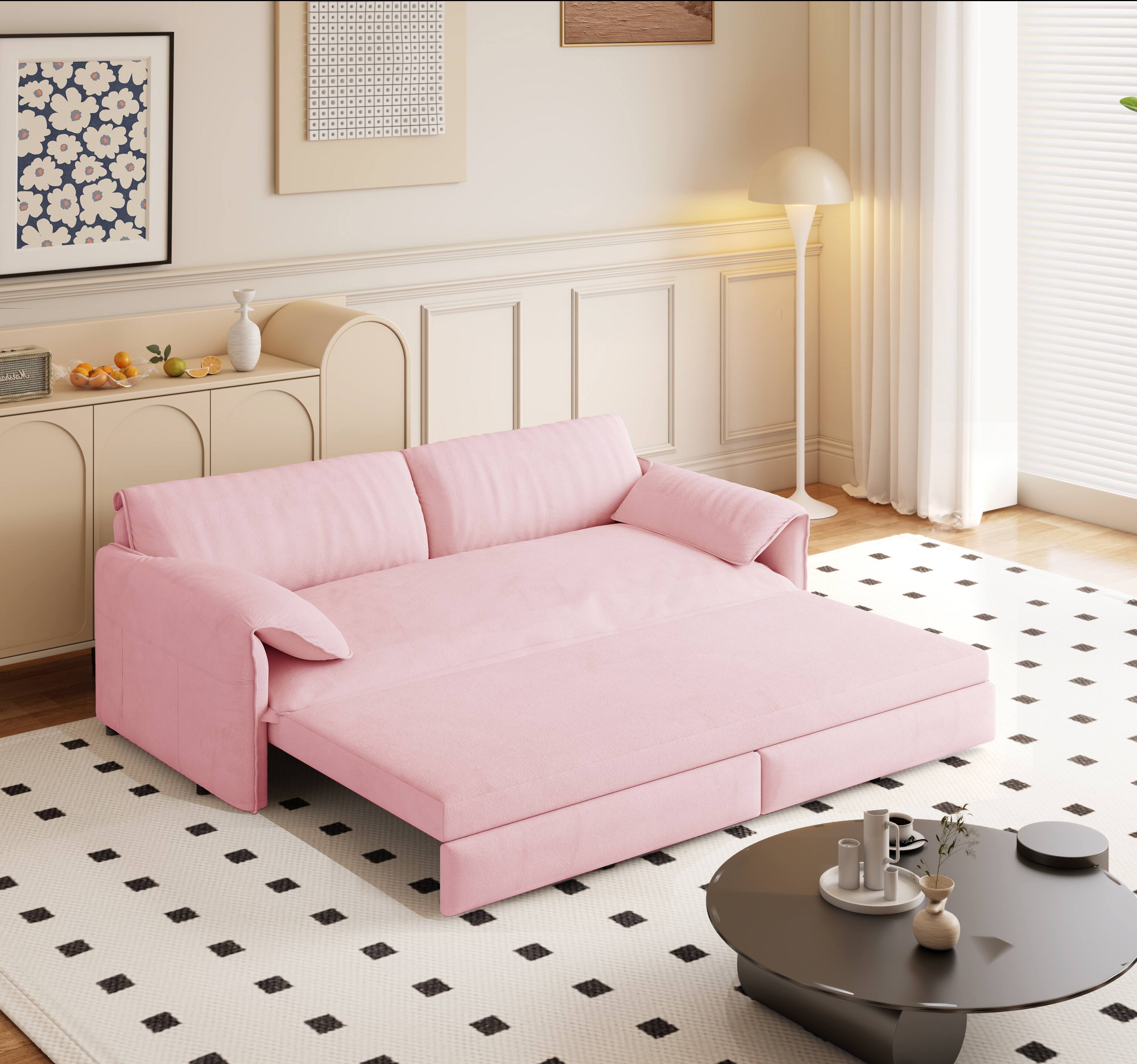 Left. Tiramisubest - Queen Pull Out Sofa Bed,3-in-1 Convertible Sleeper Sofa with Side Storage,Velvet Loveseat for Living Room,Office,Pink - Pink.