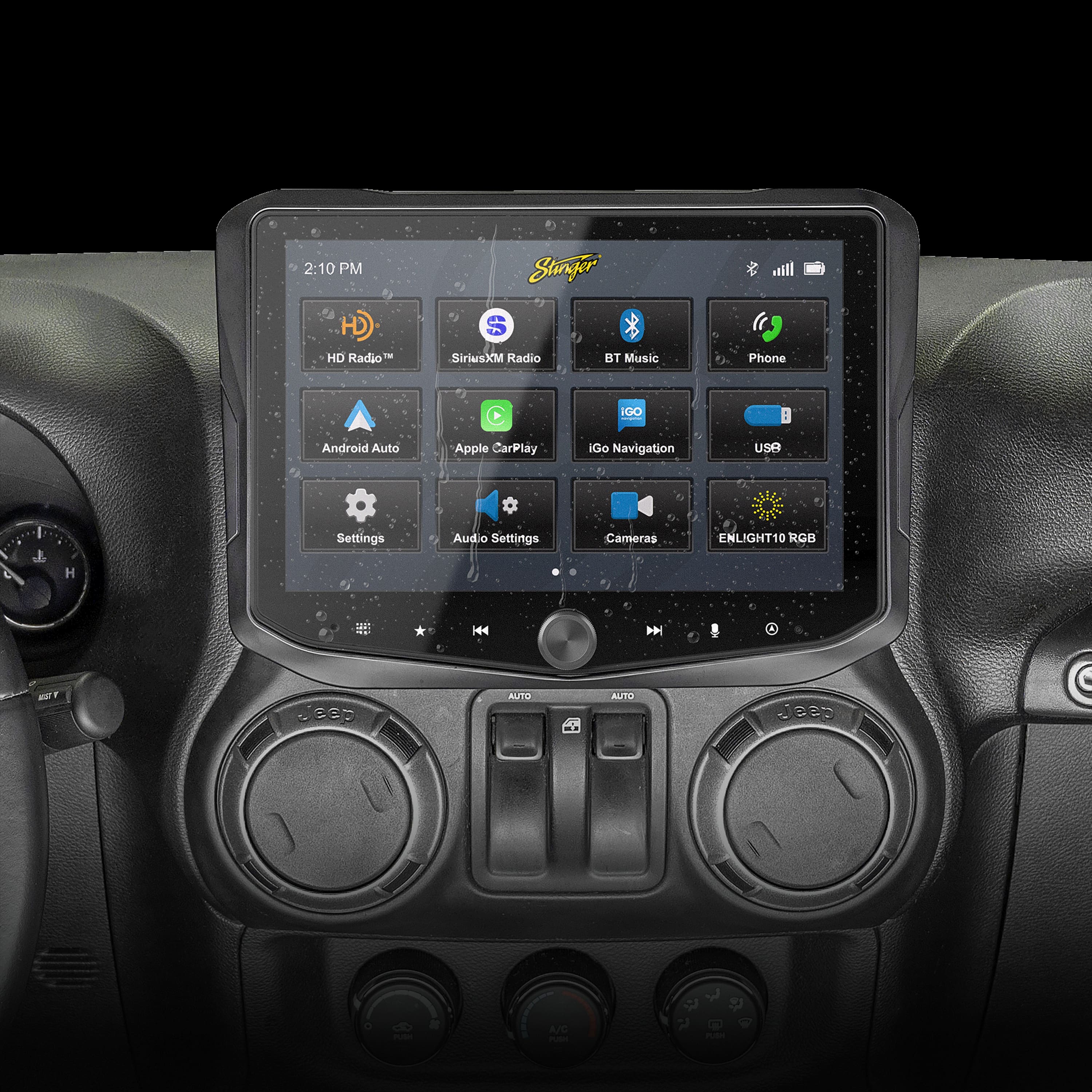 The image shows a car's dashboard with a touchscreen display. The display is showing the time, which is 2:10 PM. The screen also has various options, including HD Radio, SirusXM Radio, Bluetooth Music, Phone, and IGO Navigation. Additionally, there are settings for audio and camera options. The car's dashboard is equipped with Android Auto and Apple CarPlay, providing users with a seamless and convenient driving experience.