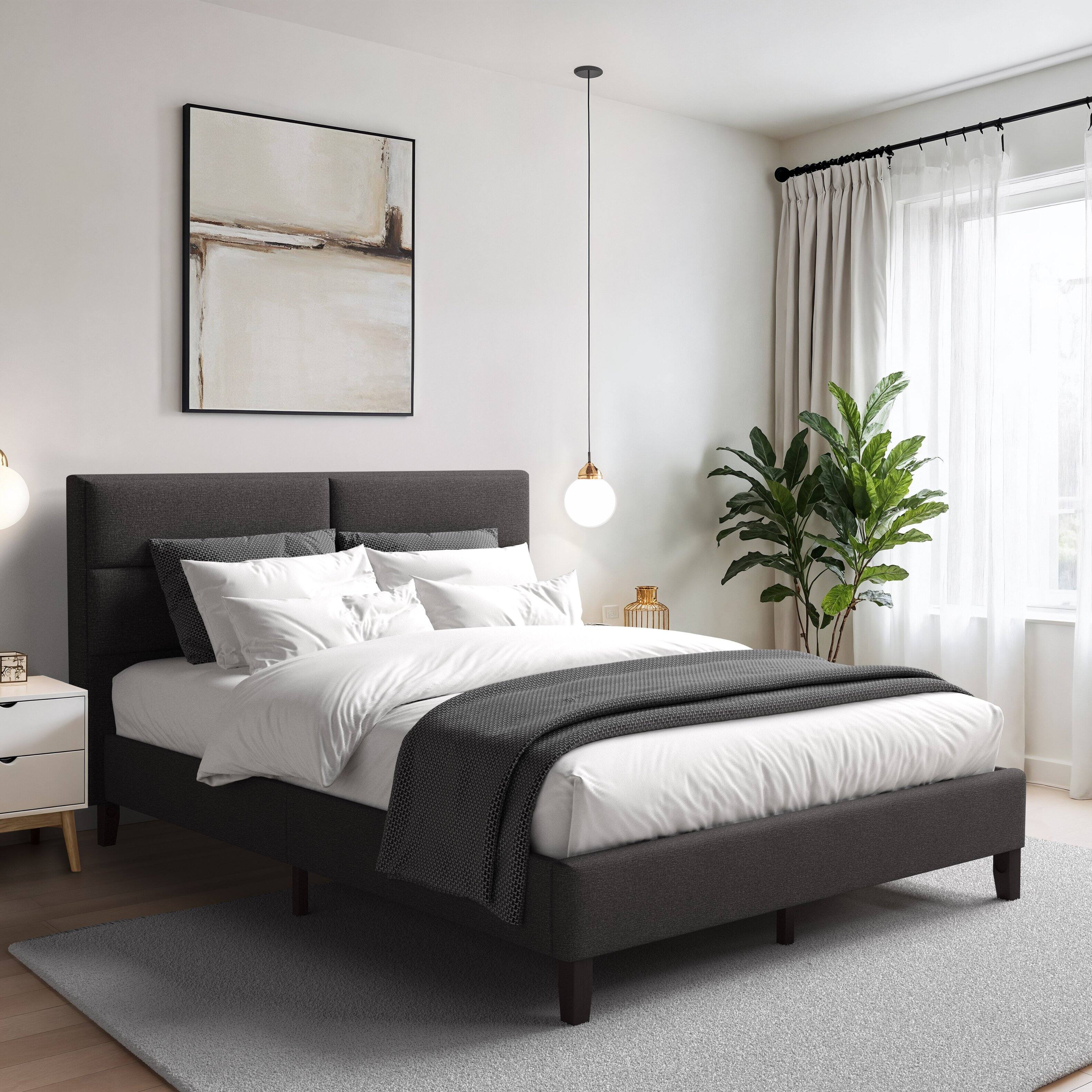 Left. CorLiving - CorLiving Emerson Dark Grey Upholstered Full/Double Platform Bed Frame with Rectangle Tufted Headboard and Slats - Dark Grey.