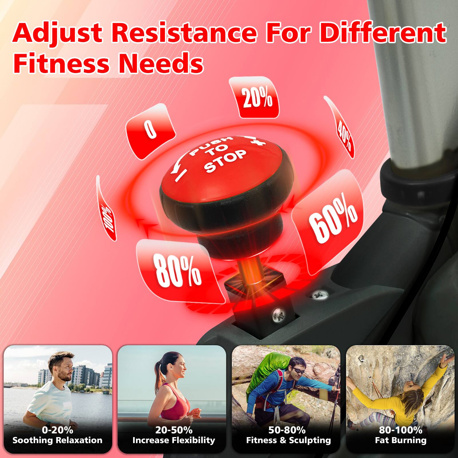 Adjust Resistance For Different Fitness Needs

0-20% Soothing Relaxation  
20-50% Increase Flexibility  
50-80% Fitness & Sculpting  
80-100% Fat Burning