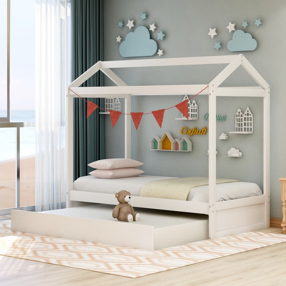 Loheer - Twin House Bed with Trundle Pine Wood Kids Bed - White price history on PriceWatchPro