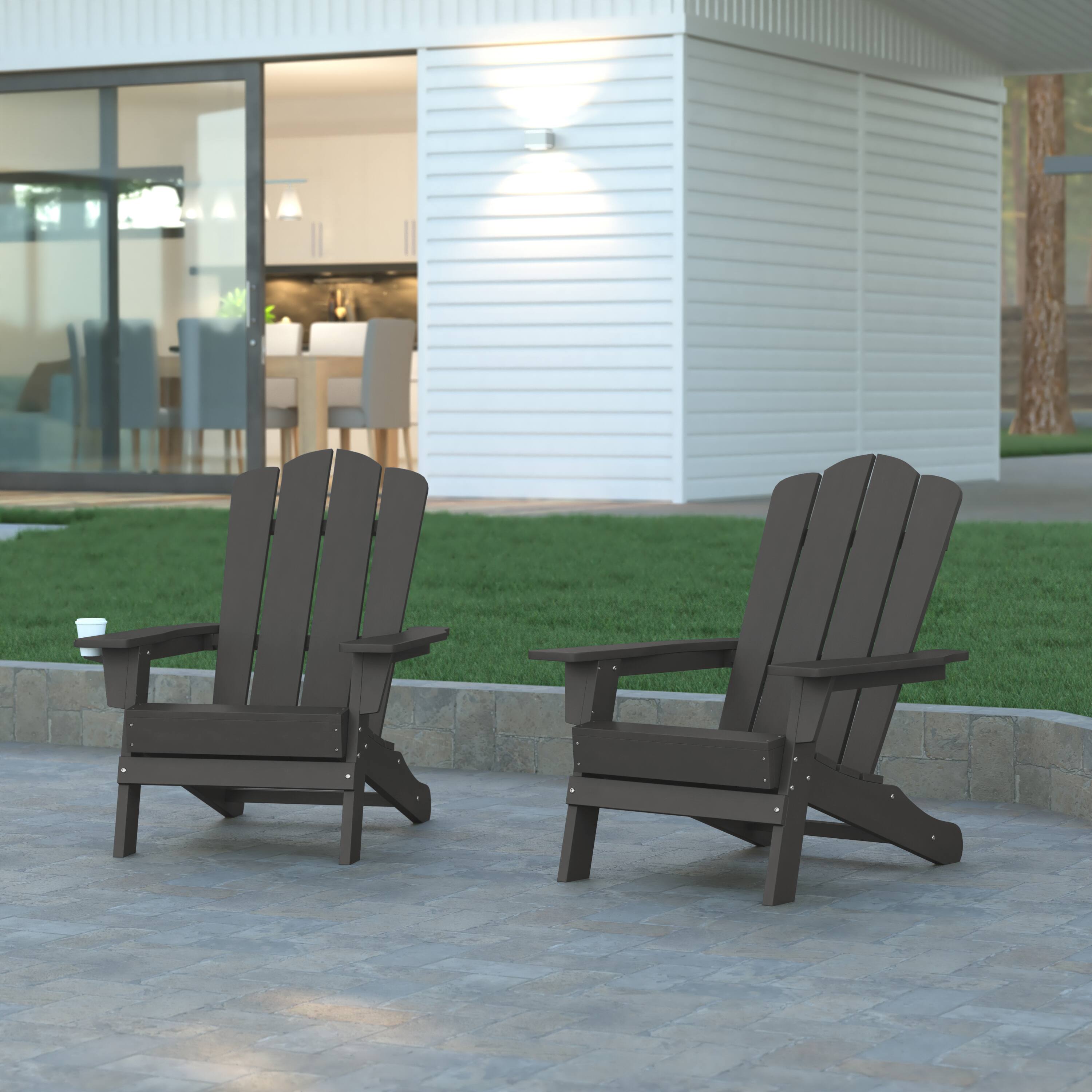 Alt View 2. Emma + Oliver - Tiverton Set of 2 Adirondack Chairs with Cup Holders, Weather Resistant HDPE Adirondack Chairs - Gray.
