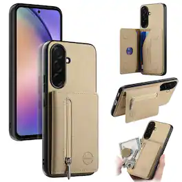 Dteck - Zipper Pocket Wallet Case for Samsung Galaxy S26+, PU Leather Shockproof Stand Protective Cover with Magnetic Closure - Khaki