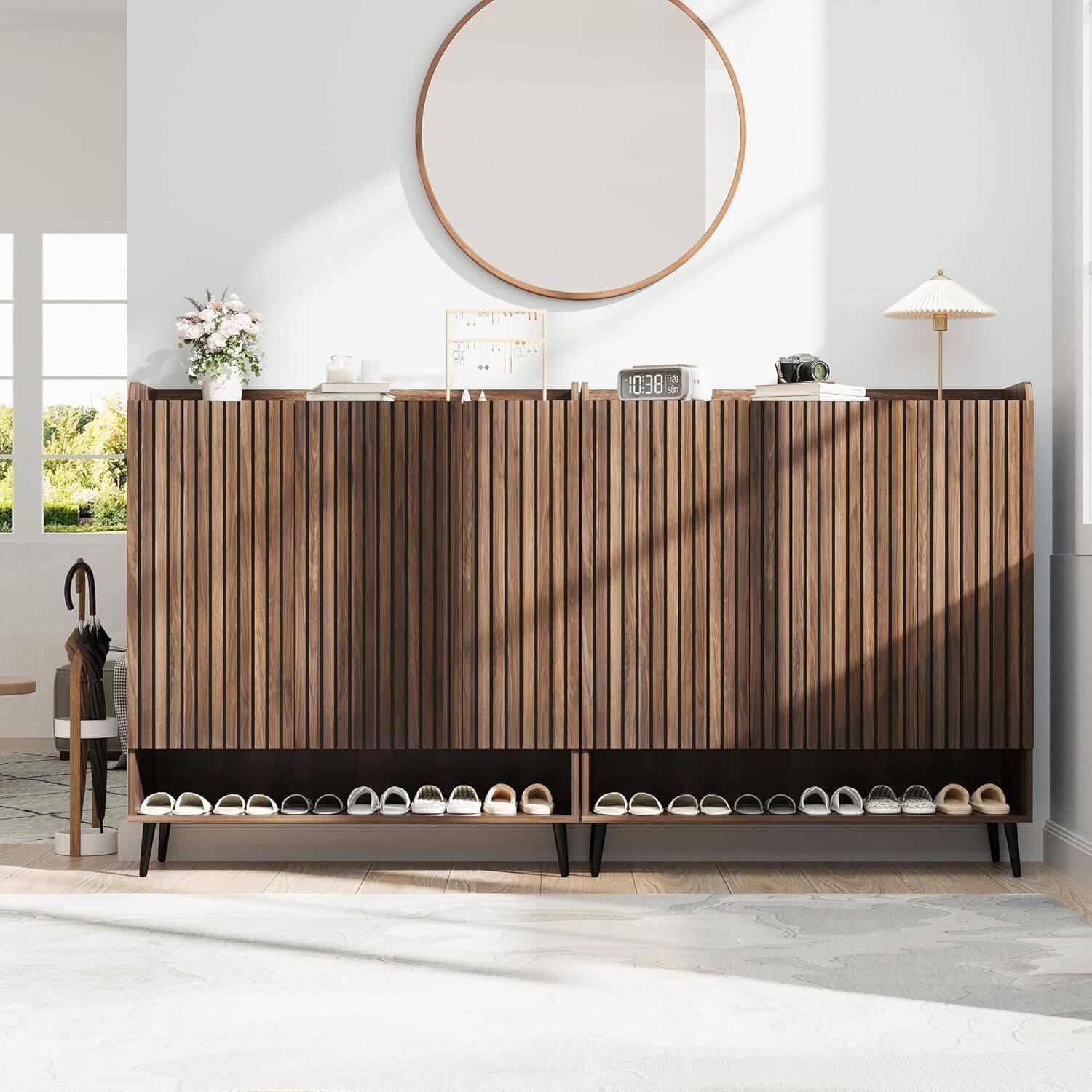 Left. Homhougo - Shoe Cabinet, Large Shoe Cabinet with 3 Doors, Adjustable Shelves, Shoe Organizer with Doors for Hallway, Entryway, - ‎Brown.