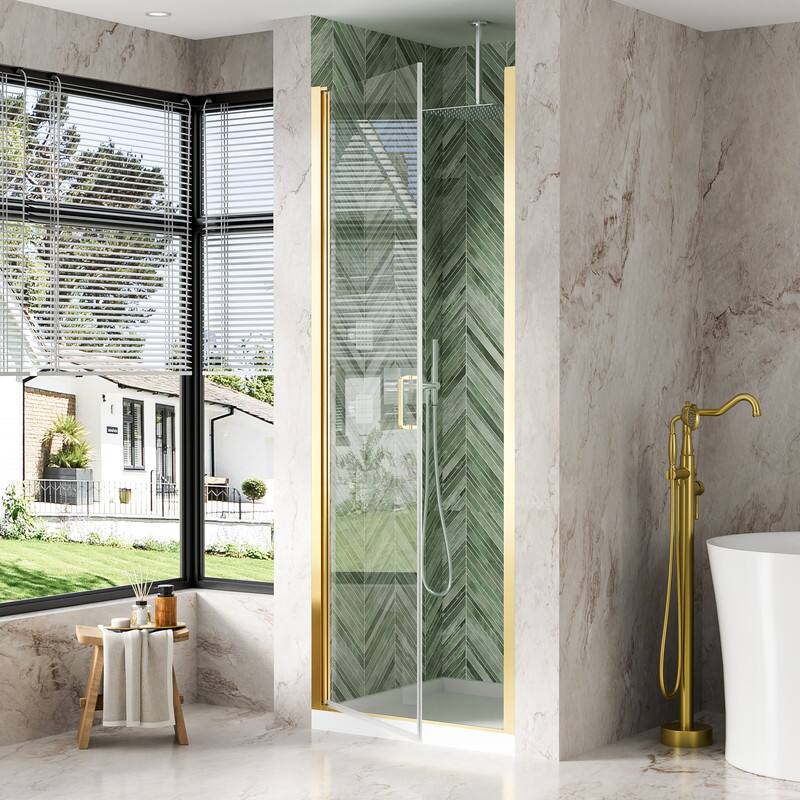 Alt View 1. WELLFOR - 28-7/16"-30"W x 72" H Semi-Frameless Pivot Shower Door -1/4 in. Tempered Glass, Easy Clean Coating - Brushed Gold.