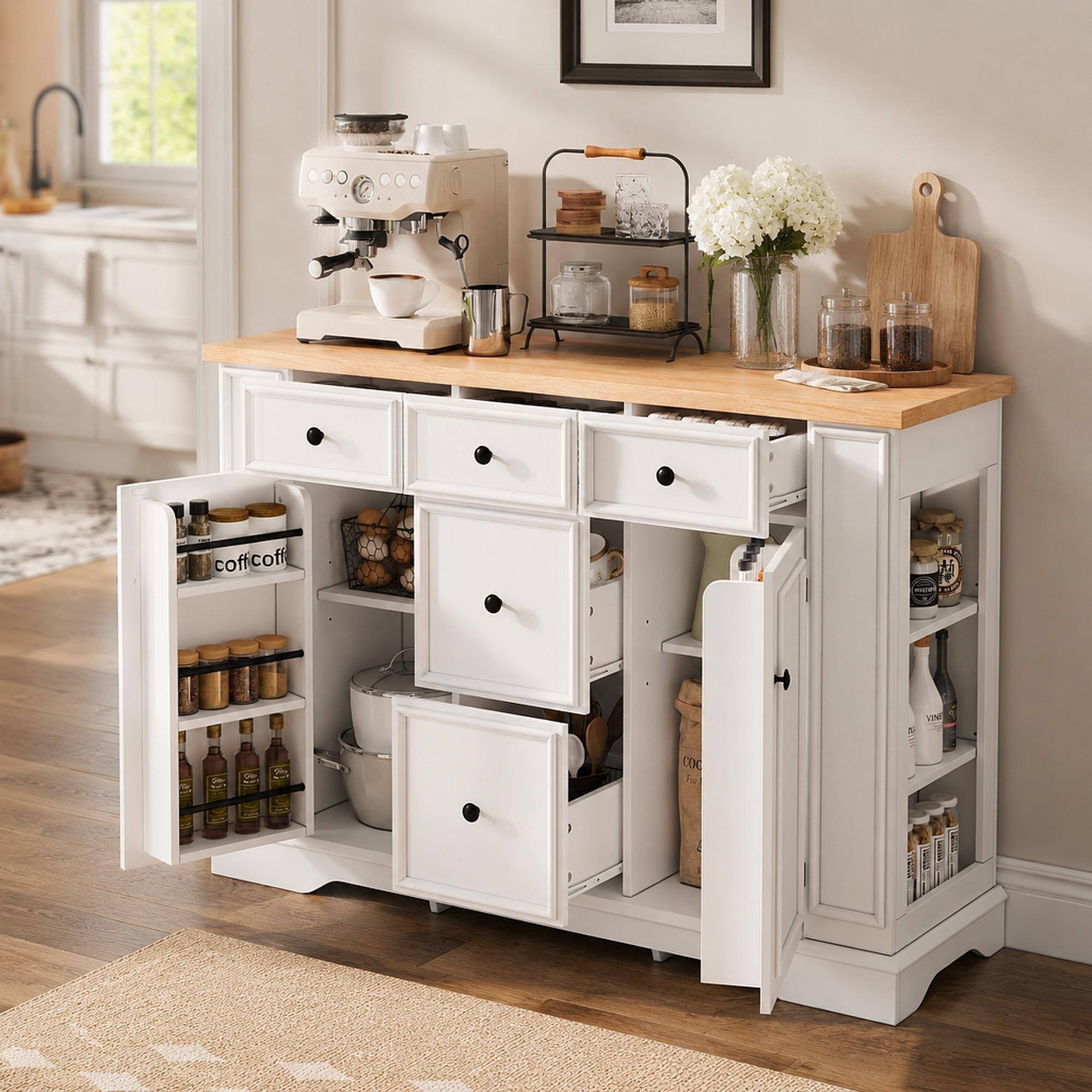 RYHNUYNE Freestanding Sideboard Buffet Cabinet with 5 Drawers and ...