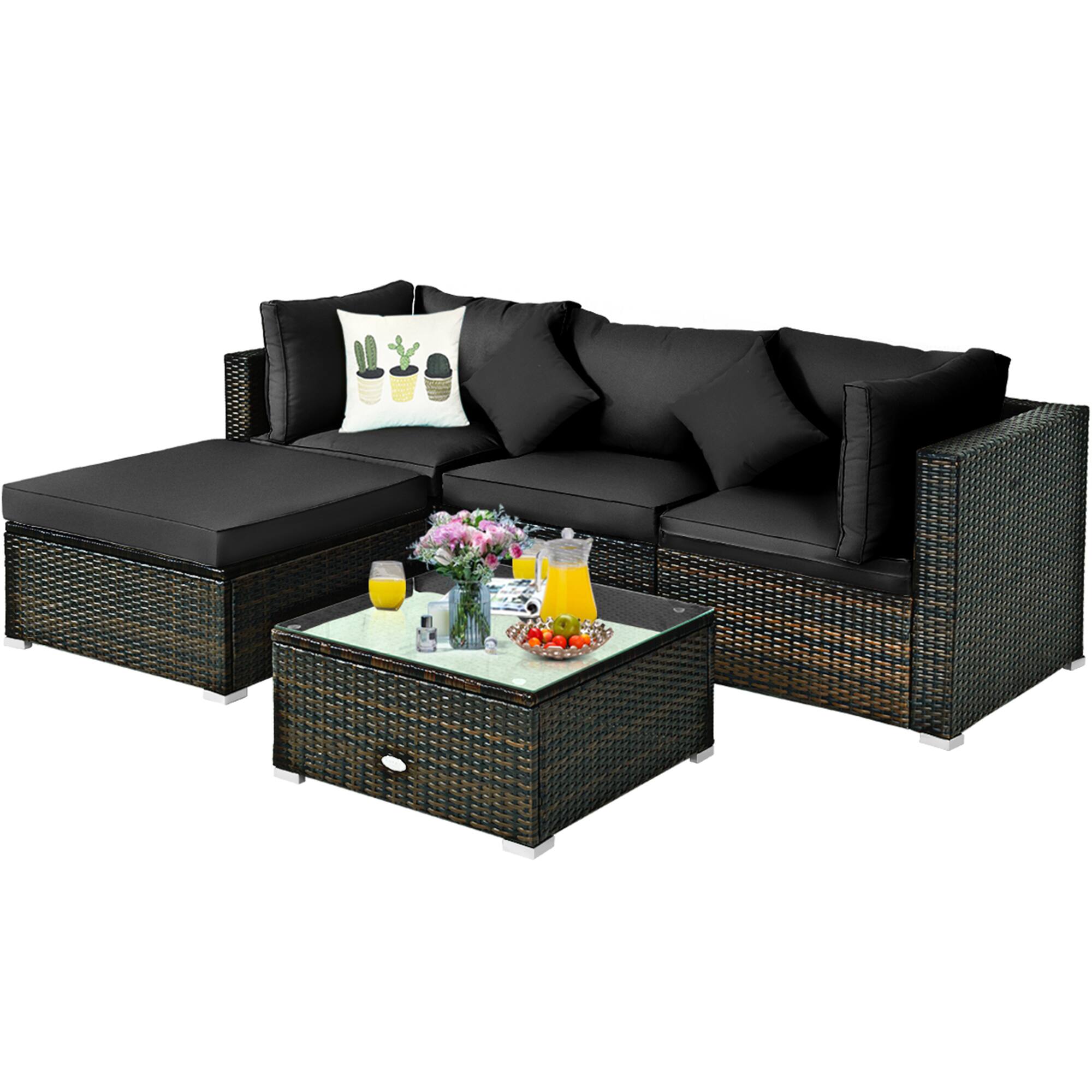 Alt View 7. Gymax - Gymax 5PCS Rattan Patio Conversation Set Outdoor Furniture Set w/ Ottoman Black Cushion - Black.