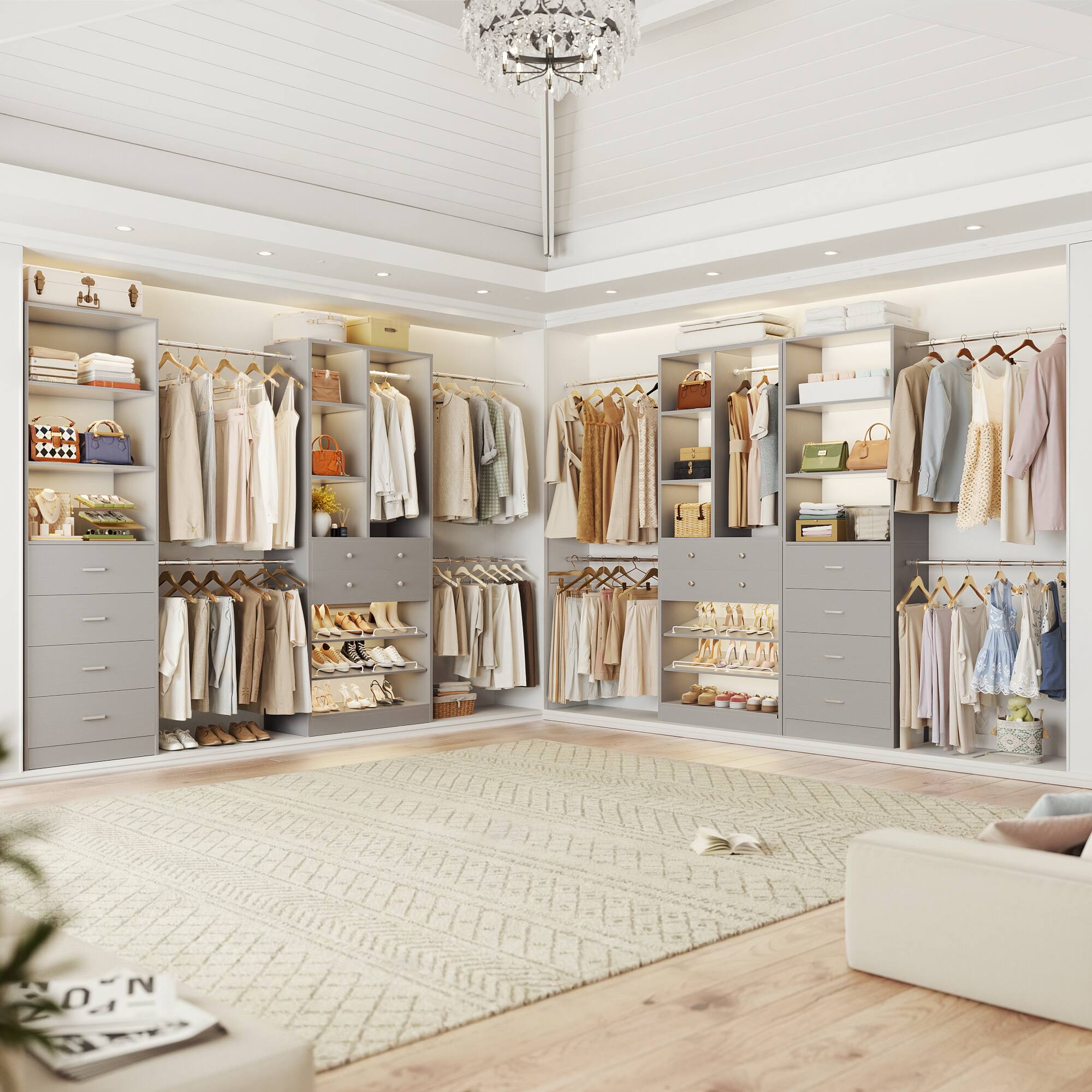 Alt View 3. Aheaplus - 49''-127'' Adjustable Closet Organizer System with 6 Drawers, 4 Hanging Rods, and Shelves - Gray.