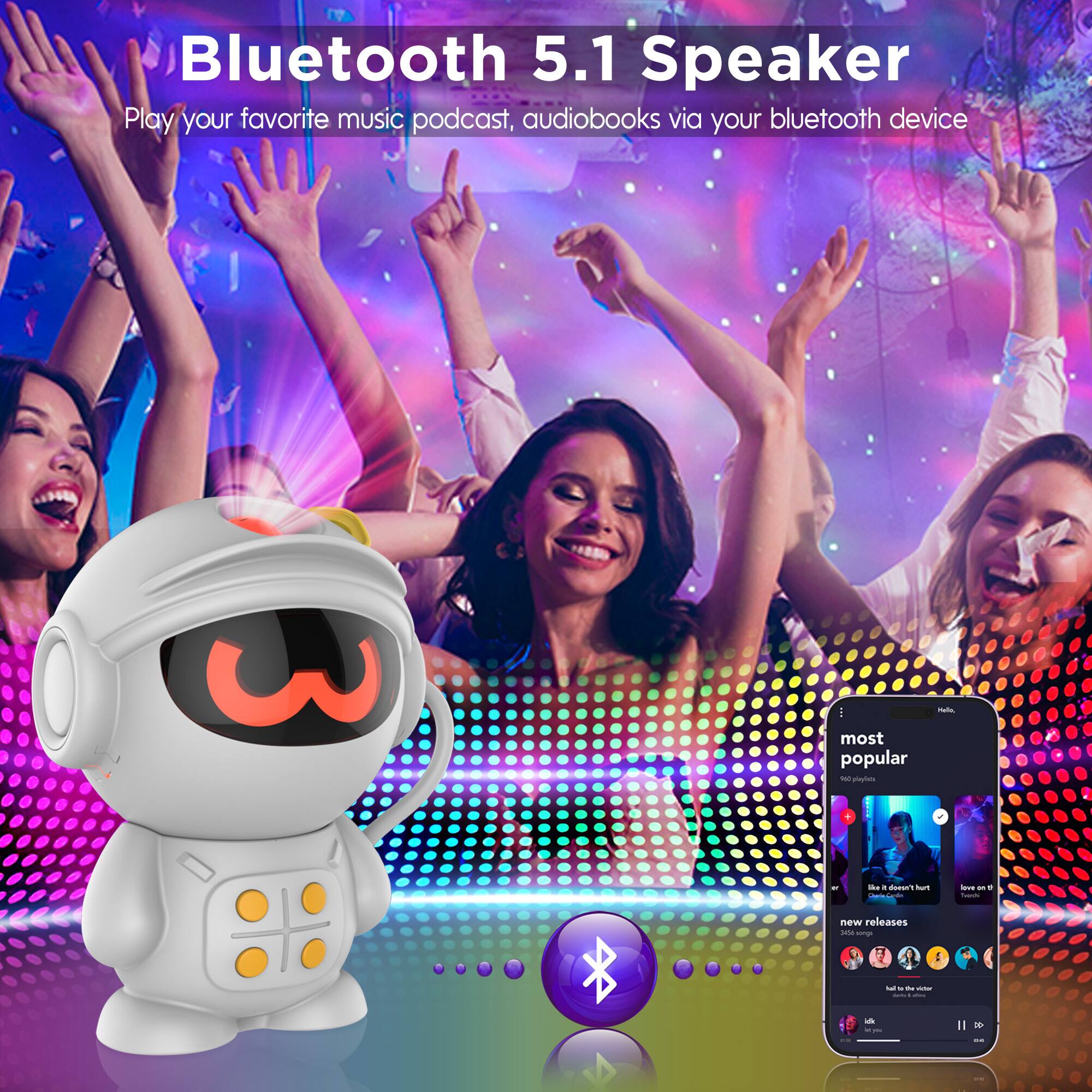 Bluetooth 5.1 Speaker  
Play your favorite music, podcast, audiobooks via your bluetooth device  

most popular  
500 playlists  

new releases  

like a don't hurt  
love on tuesday  

full is the ocean