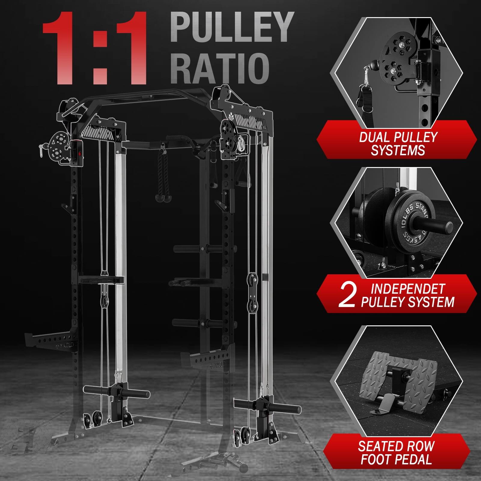 PULLEY 1:1 RATIO DUAL PULLEY SYSTEMS - 2 INDEPENDET PULLEY SYSTEM - SEATED ROW FOOT PEDAL