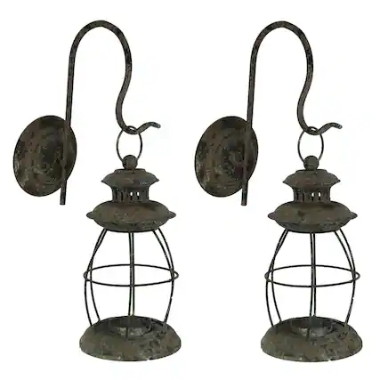 Front. Zeckos - Set of 2 Distressed Black Wall-Mounted Metal Candle Sconces Lanterns - Black.
