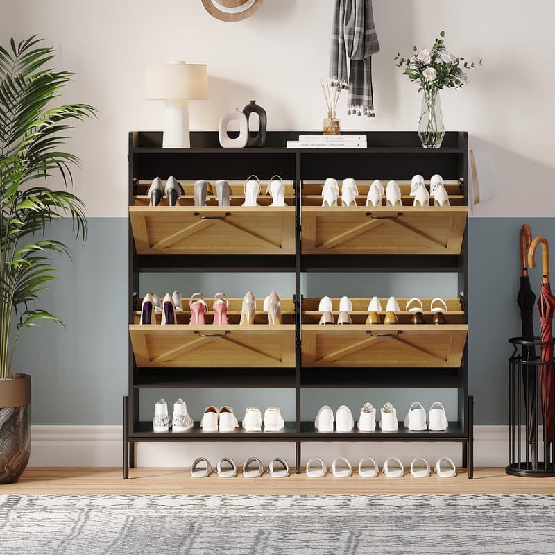 Babevy - Slim Shoe Storage Cabinet with 4 Flip Drawers & Hooks, Narrow Wooden Shoe Organizer with Open Shelf - Black+Oak