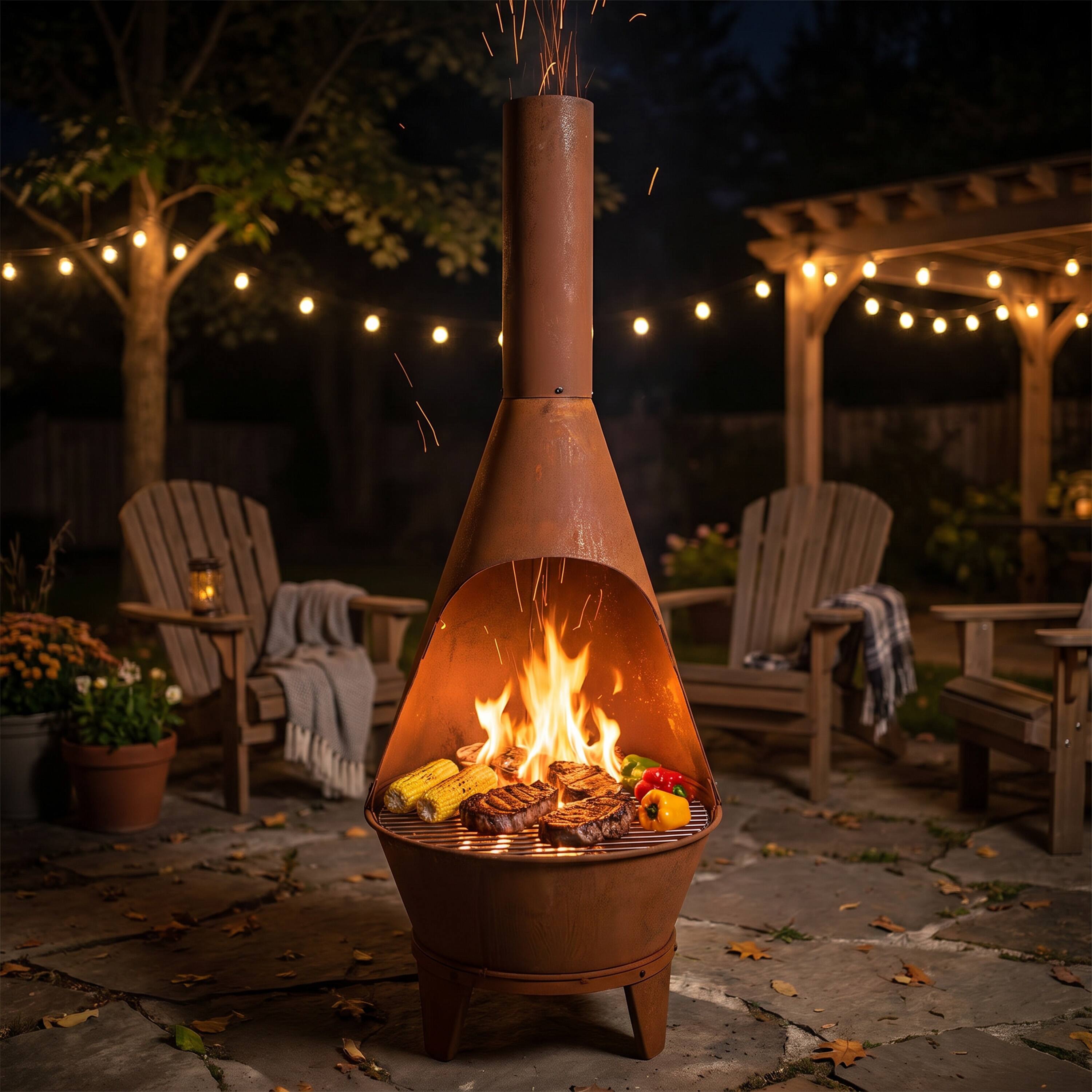 Alt View 2. Sunnydaze - 58" Oxidized Steel Wood-Burning Chiminea Fire Pit with Grill - Rust.