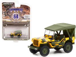 1943 Willys MB Jeep Yellow Black Green Top Follow Me U.S. Army Battalion 64 Release 1 1/64 Diecast by Greenlight - Yellow And Black