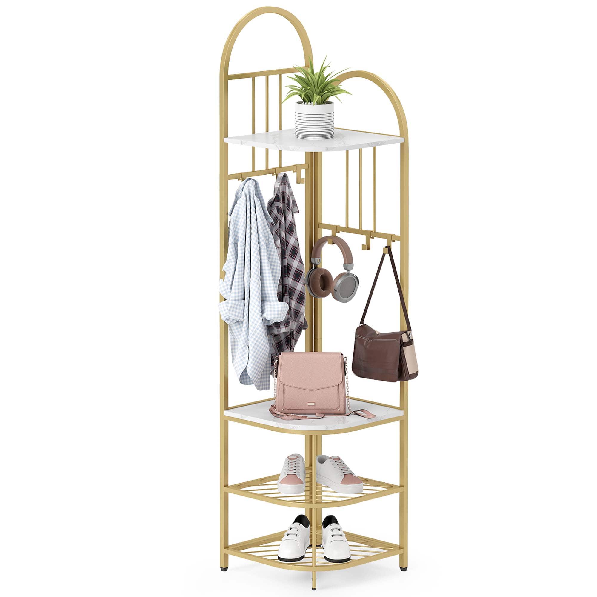 Costway - 4-Tier Coat Rack Corner Hall Tree with Shoe Storage Bench 6 Removable Hooks Bedroom - White