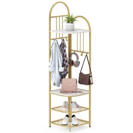 Costway - 4-Tier Coat Rack Corner Hall Tree with Shoe Storage Bench 6 Removable Hooks Bedroom - White