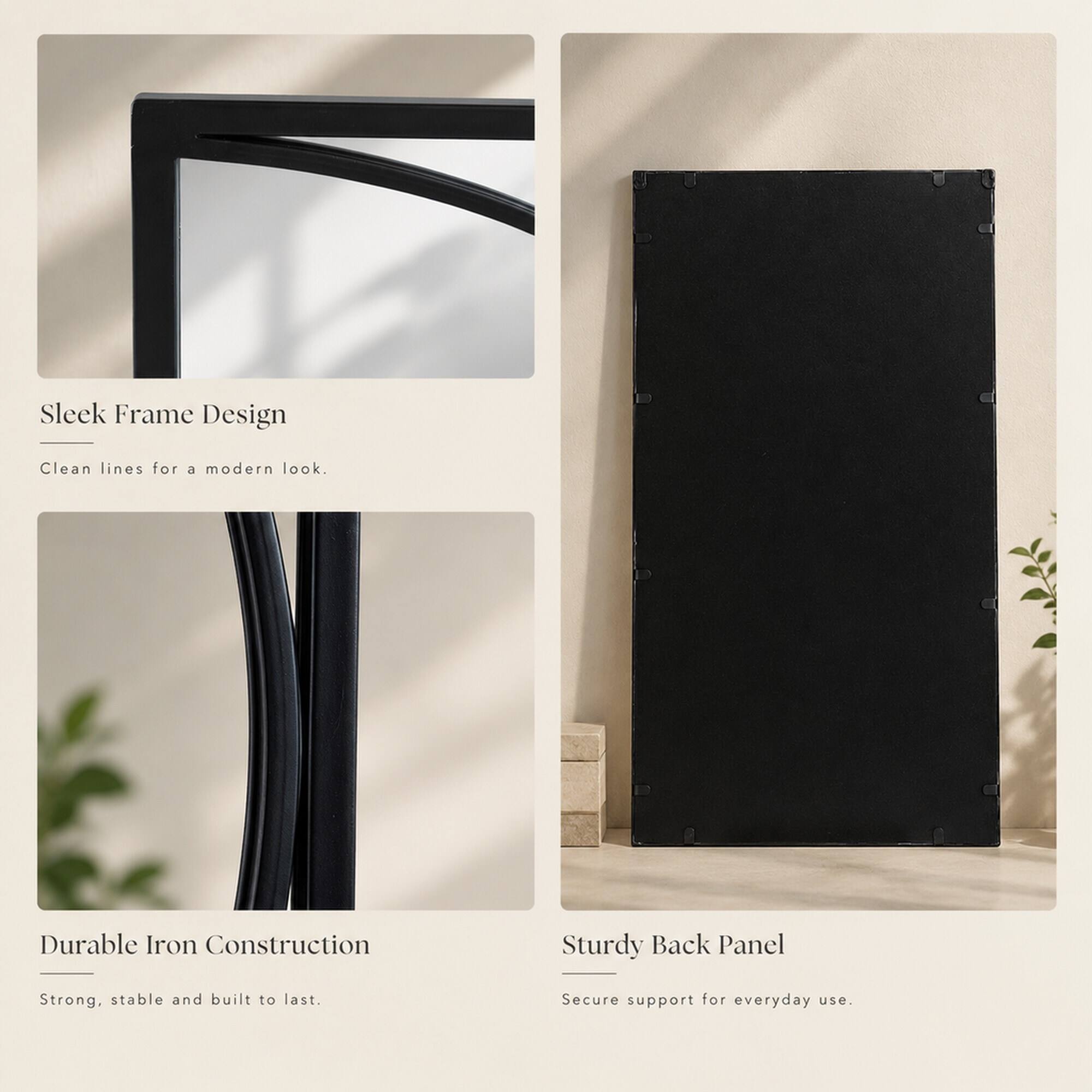 Sleek Frame Design  
Clean lines for a modern look.  

Durable Iron Construction  
Strong, stable and built to last.  

Sturdy Back Panel  
Secure support for everyday use.