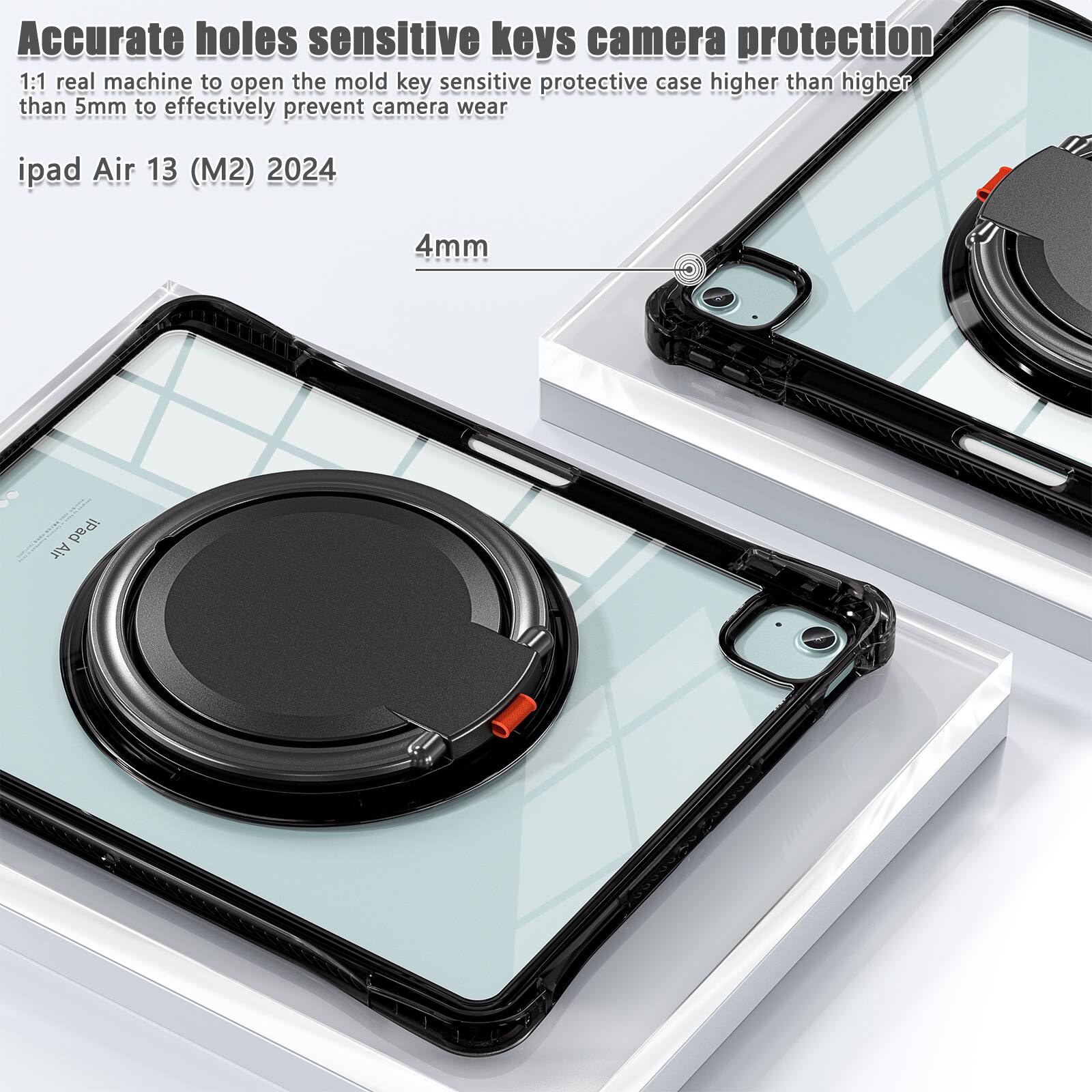 Accurate holes sensitive keys camera protection  
1:1 real machine to open the mold key sensitive protective case higher than 5mm to effectively prevent camera wear  
iPad Air 13 (M2) 2024  
4mm